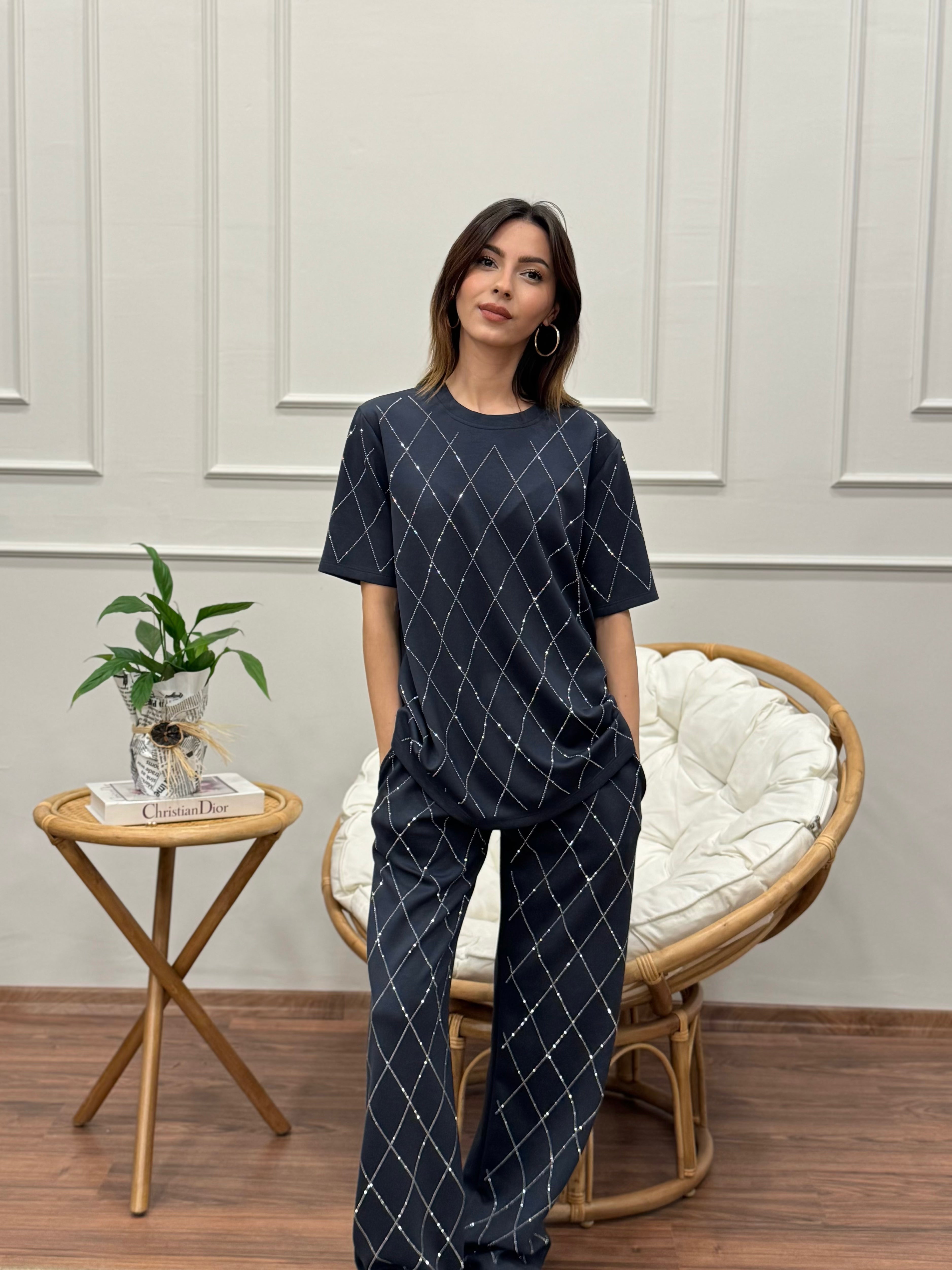 Oys Baklava Desen Taş Baskı Antrasit Bluz Pantolon Takım