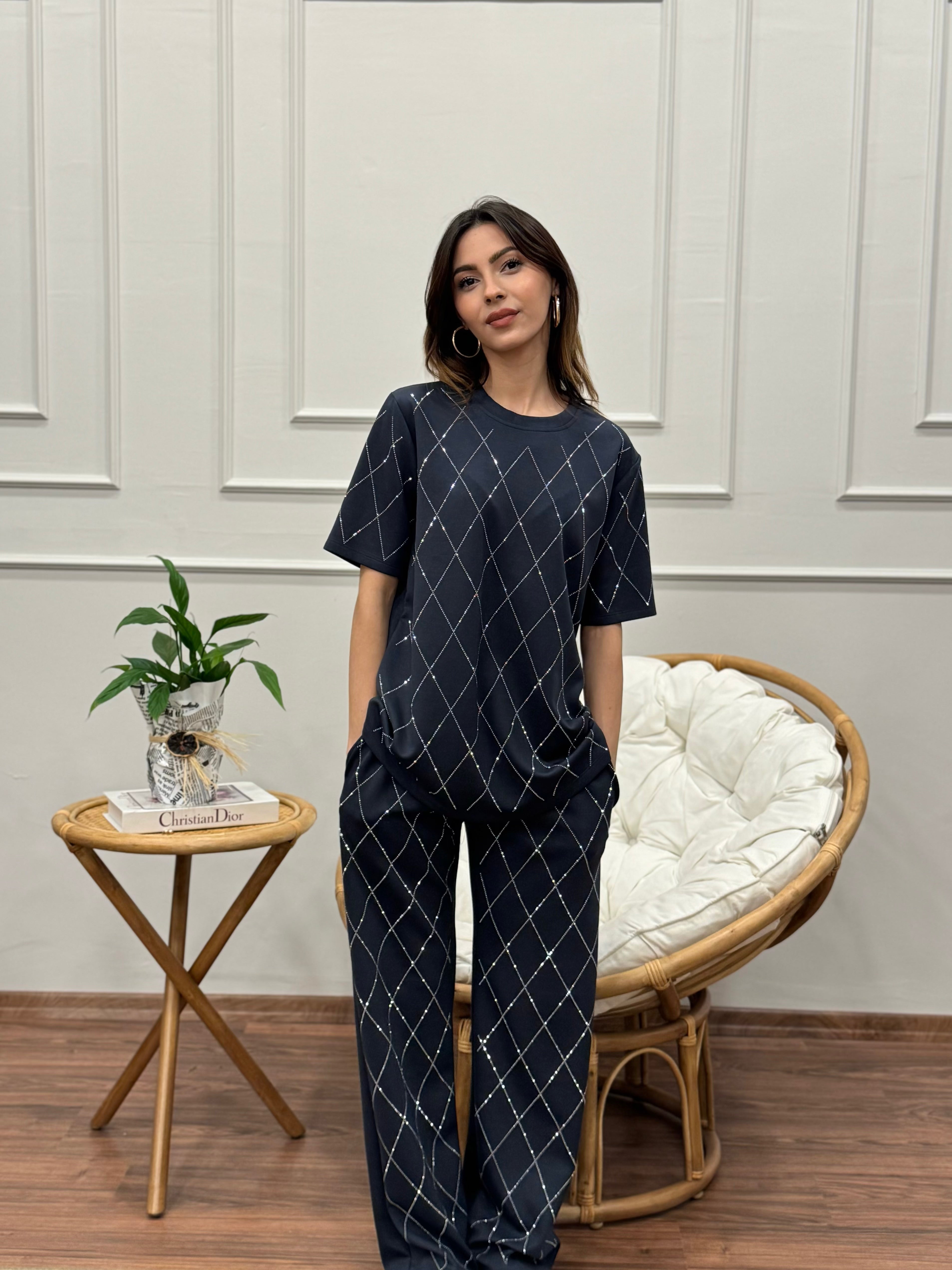 Oys Baklava Desen Taş Baskı Antrasit Bluz Pantolon Takım