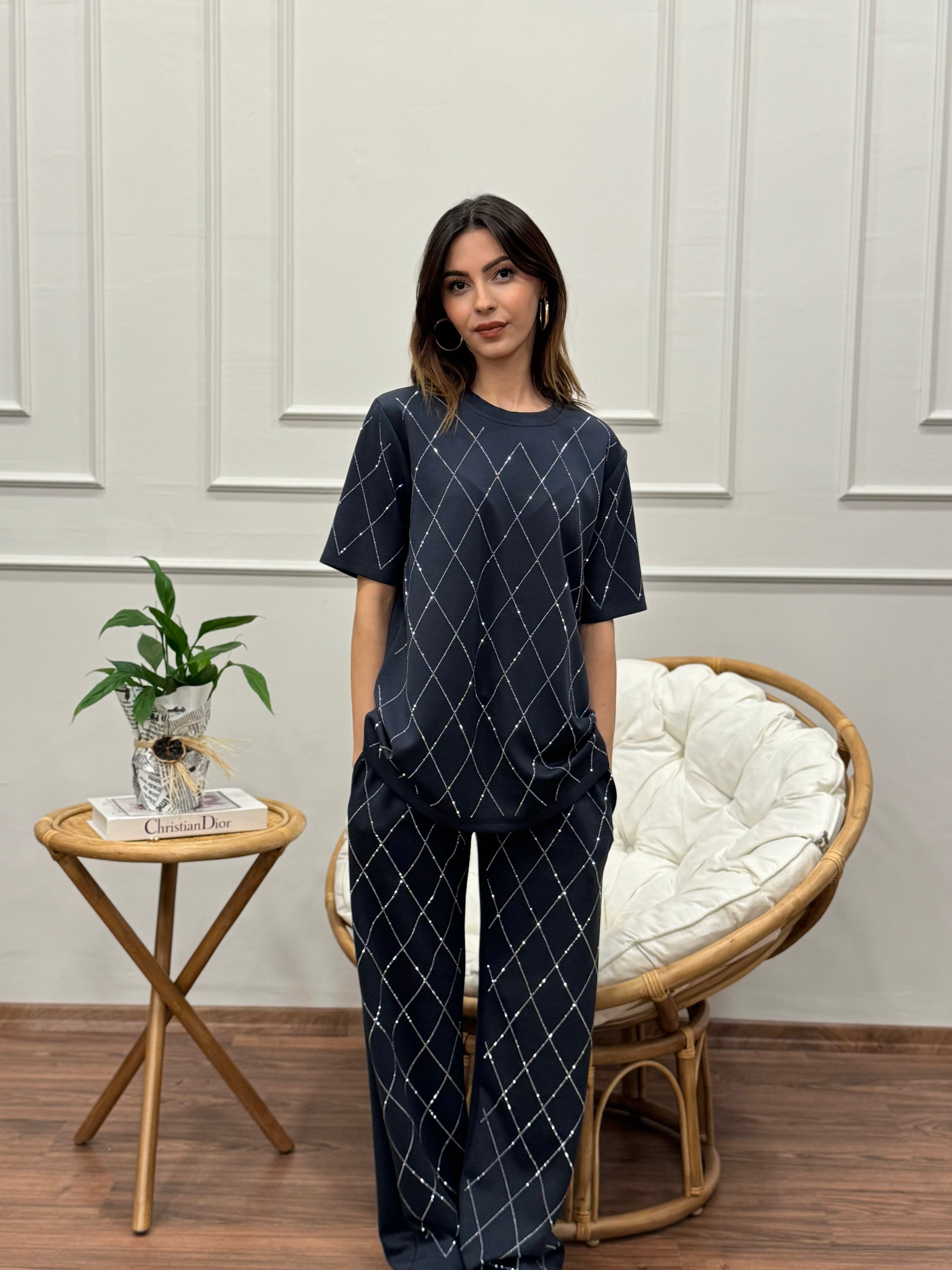 Oys Baklava Desen Taş Baskı Antrasit Bluz Pantolon Takım