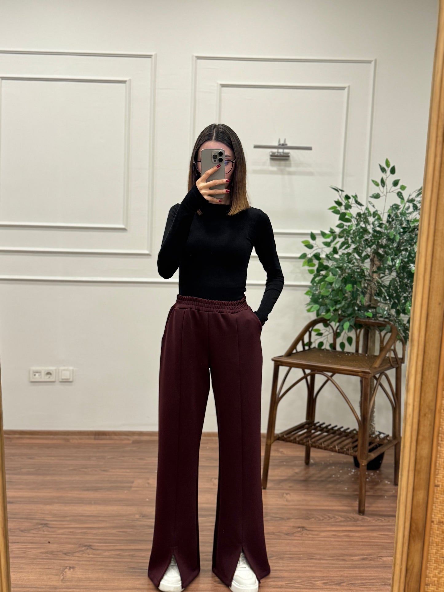 Megi Scuba Yırtmaç Detay Bordo Pantolon