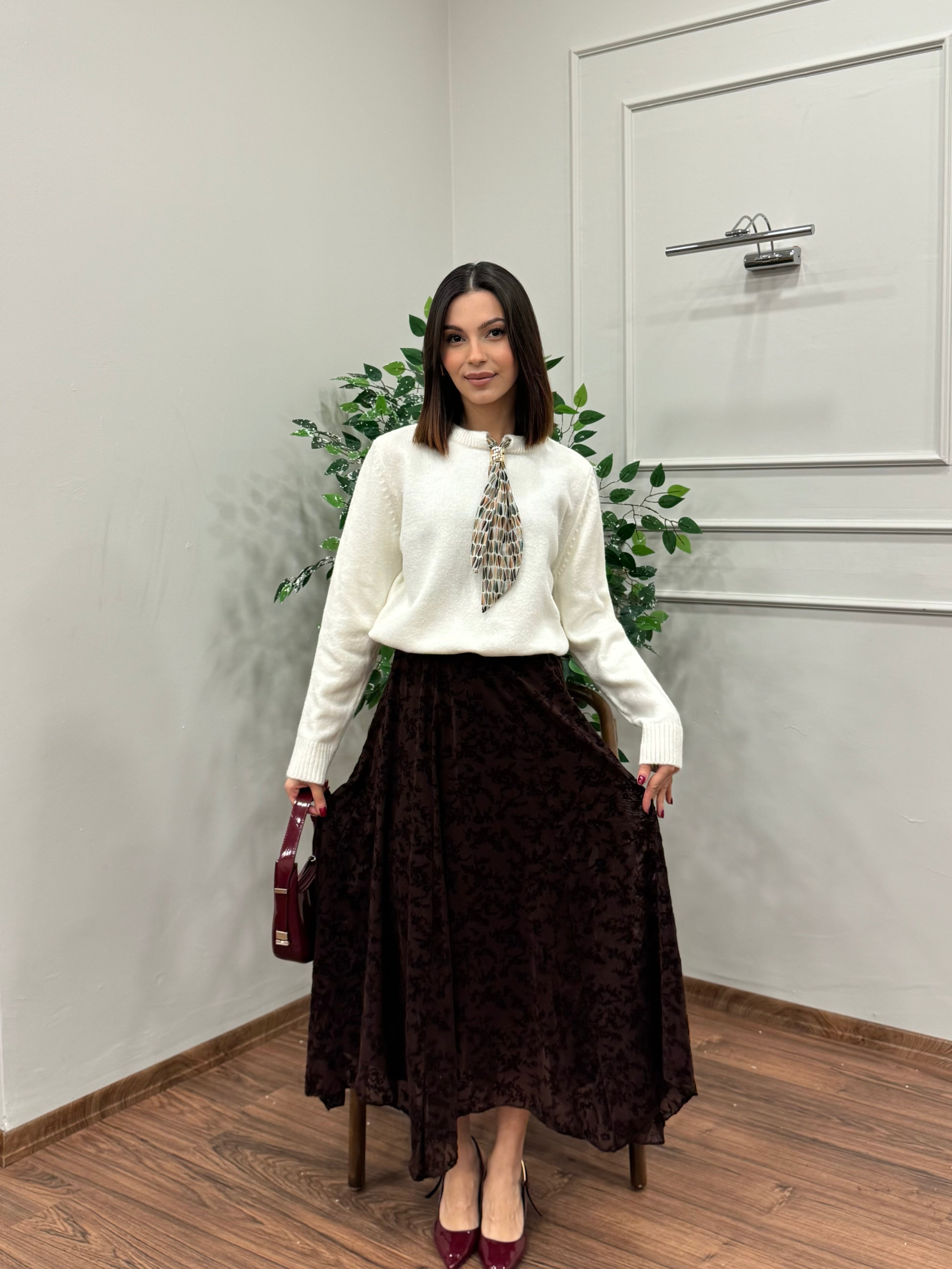 Zena Çiçek İşlemeli Astarlı Kahverengi Etek