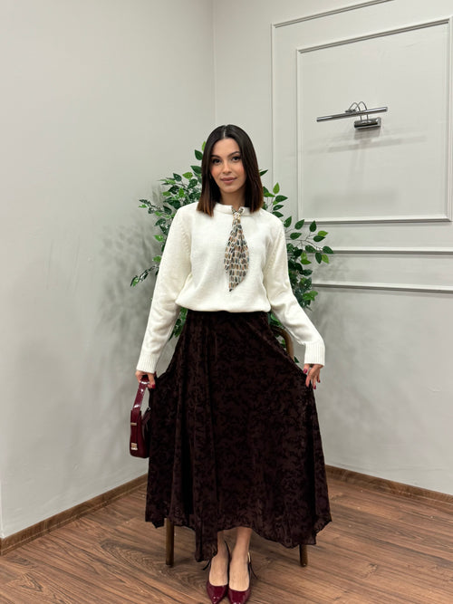 Zena Çiçek İşlemeli Astarlı Kahverengi Etek