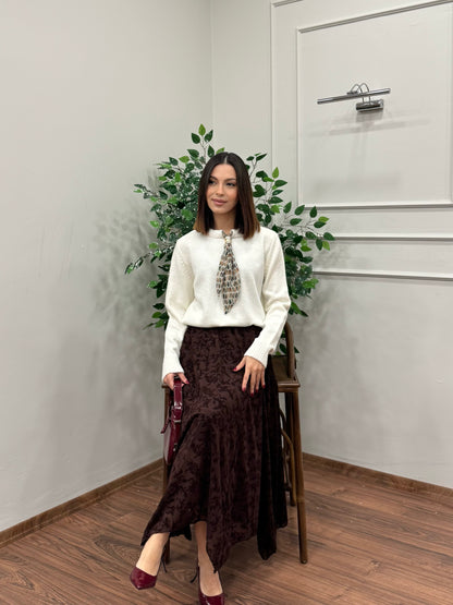 Zena Çiçek İşlemeli Astarlı Kahverengi Etek