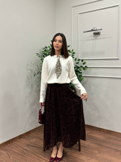 Zena Çiçek İşlemeli Astarlı Kahverengi Etek