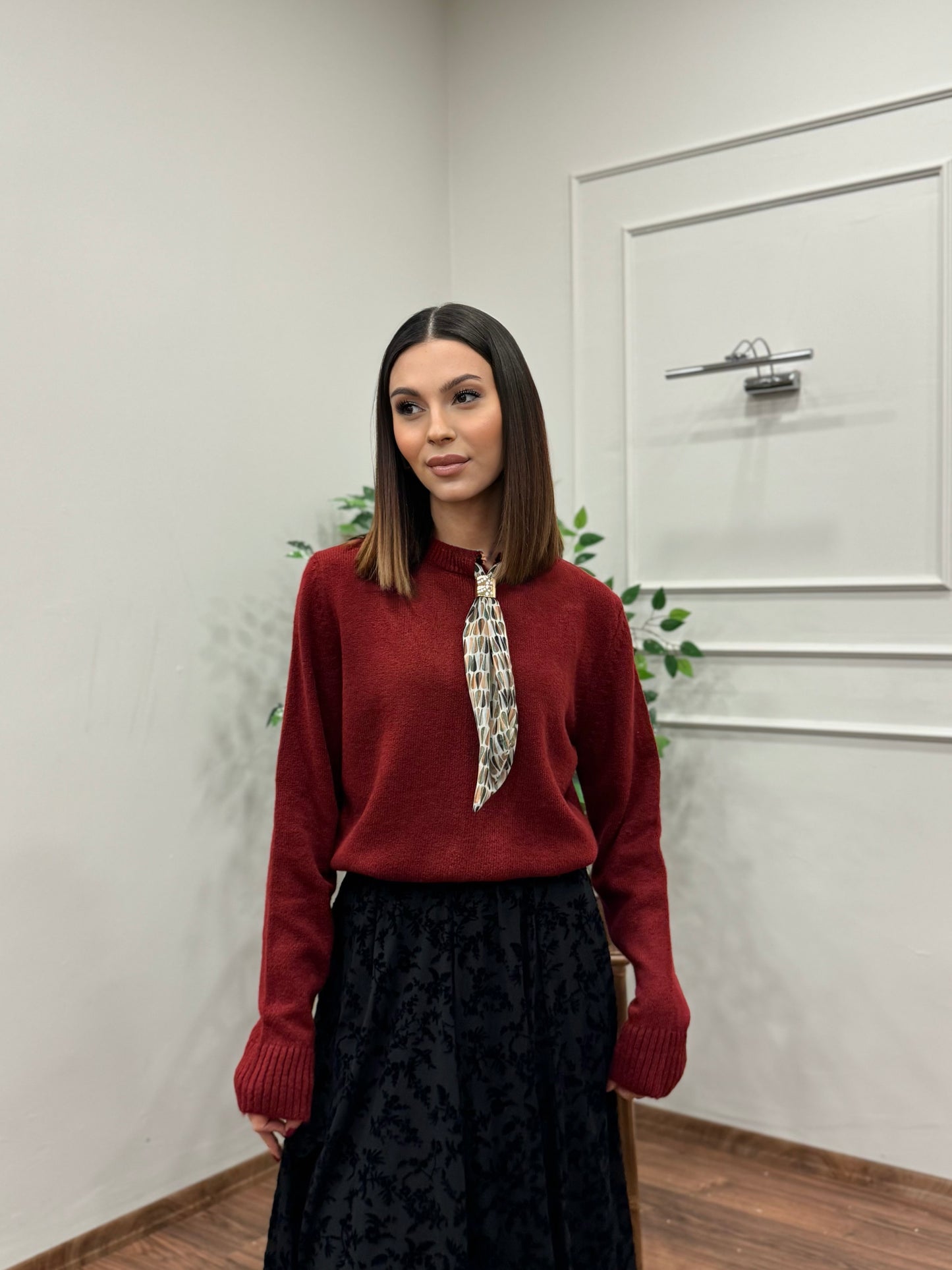 Wine Fular Detay Triko Bordo Kazak