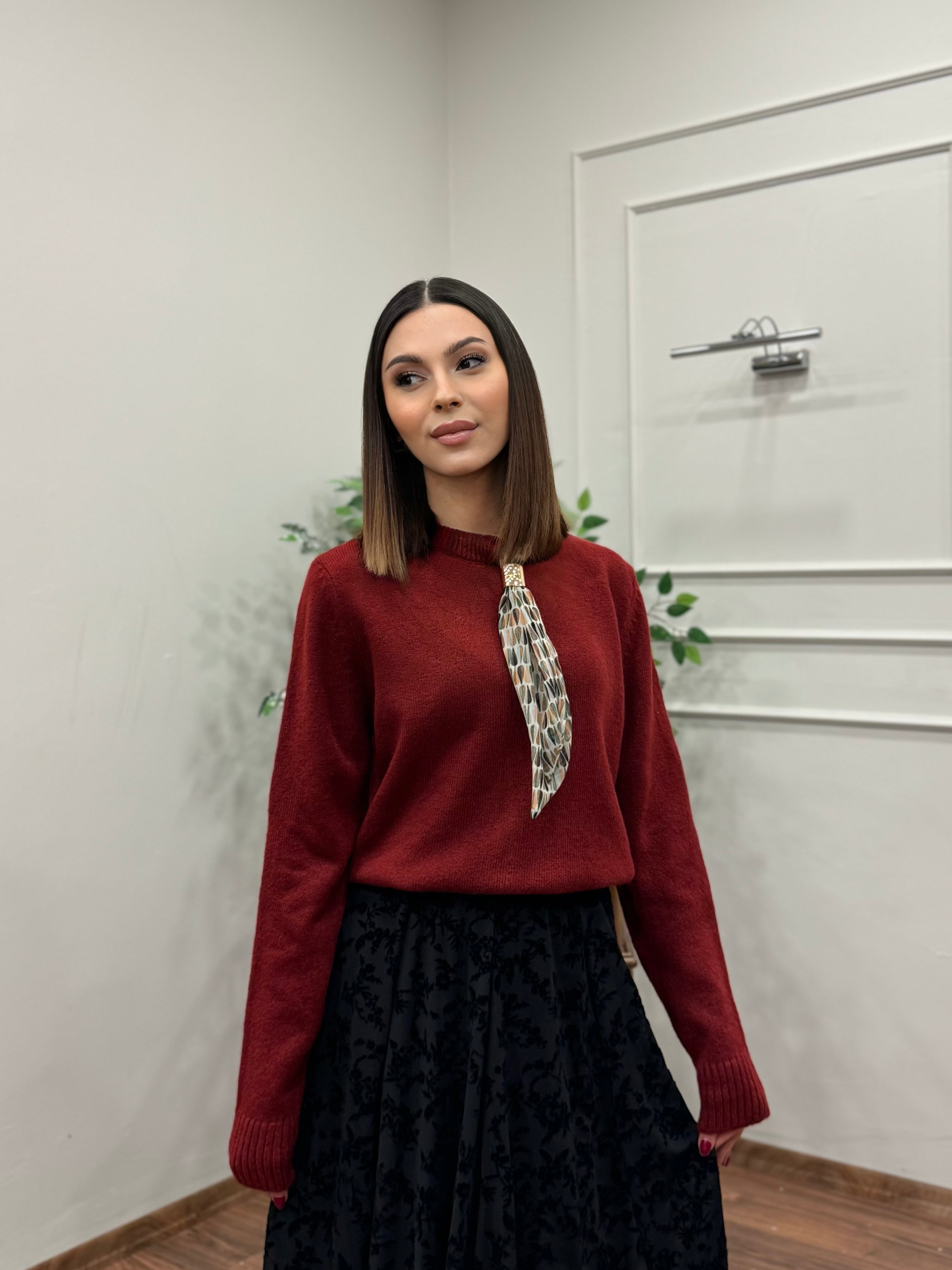 Wine Fular Detay Triko Bordo Kazak