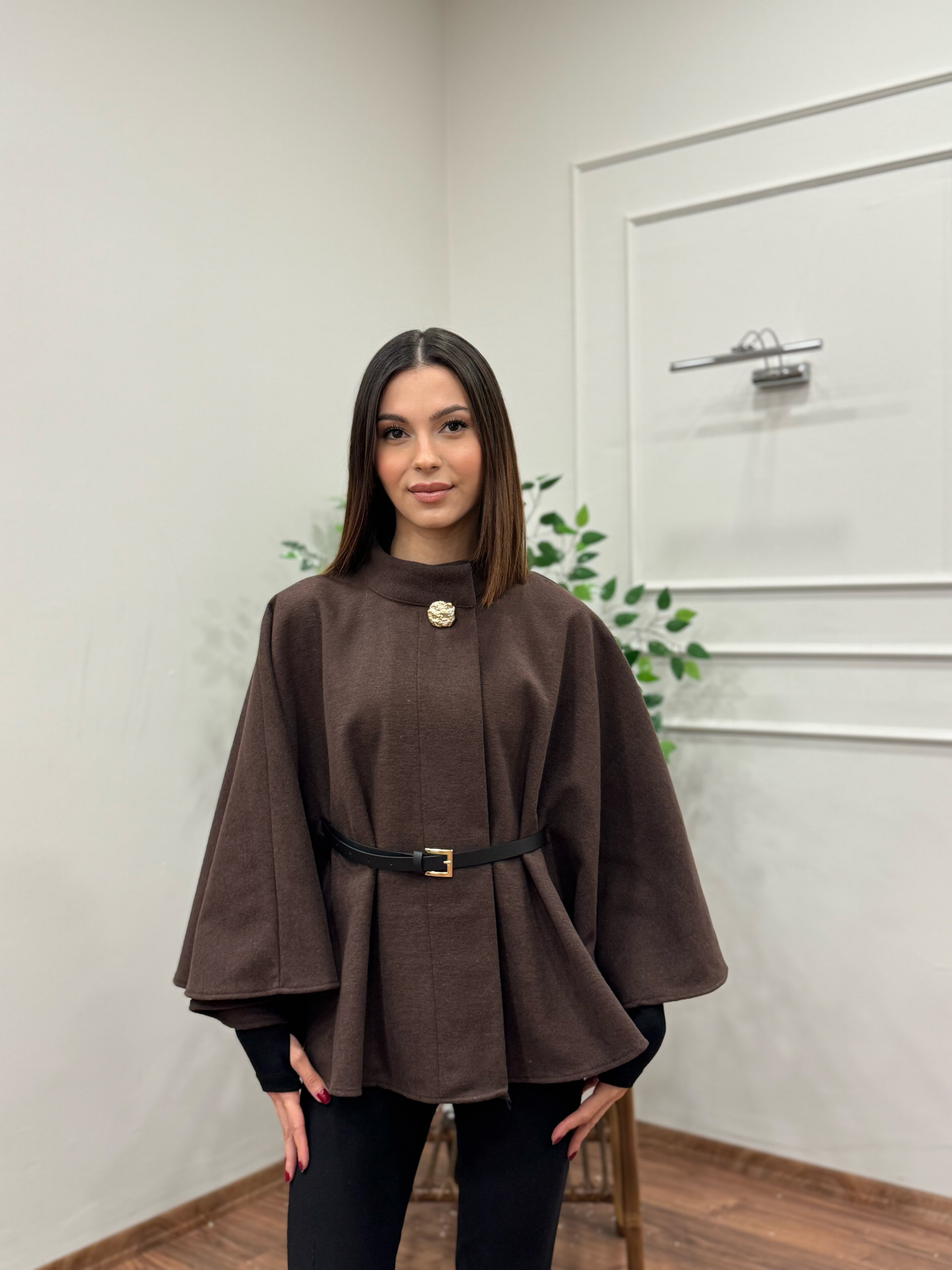 Liya Kemerli Kaşe Kahverengi Panço