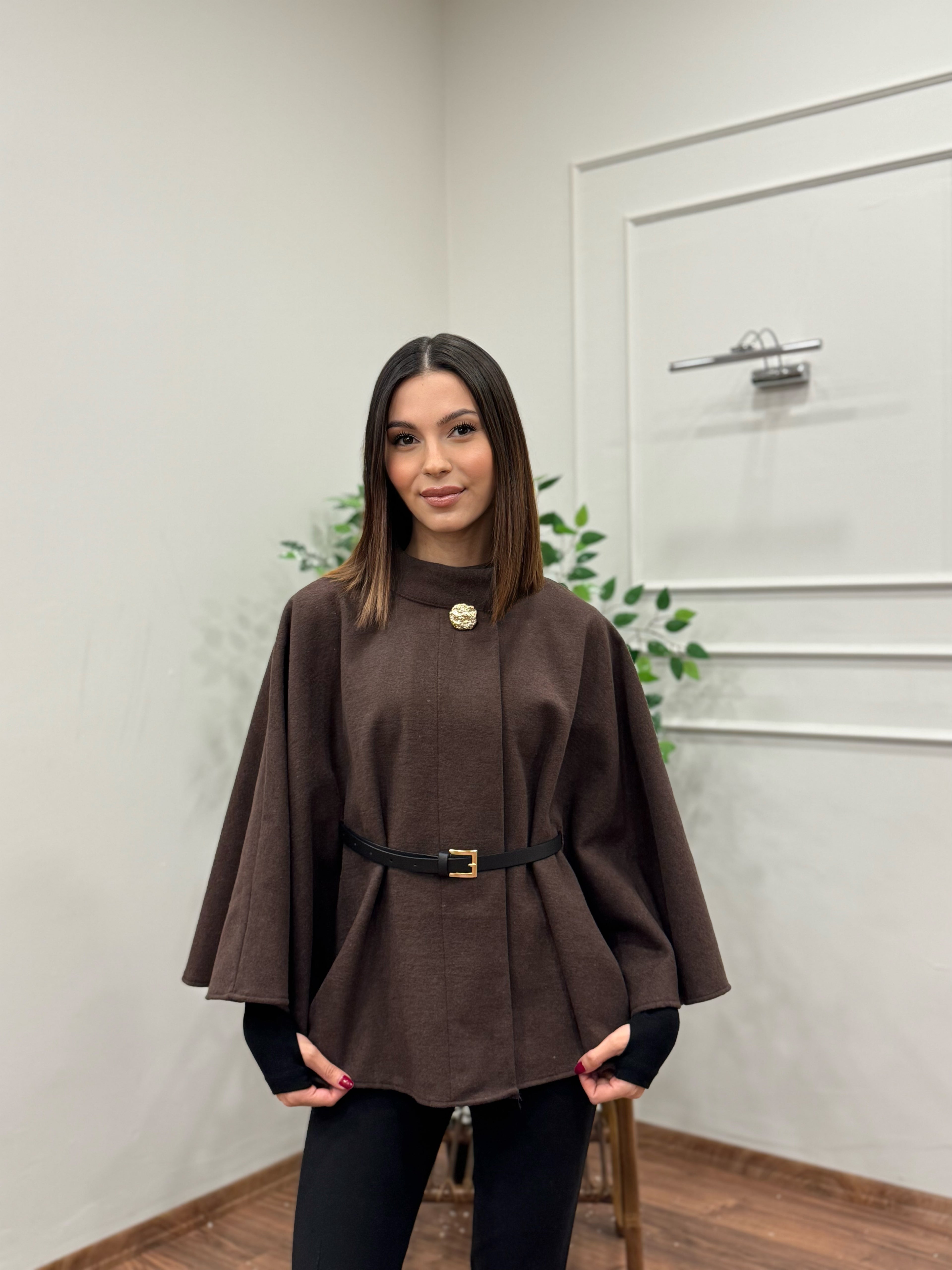Liya Kemerli Kaşe Kahverengi Panço