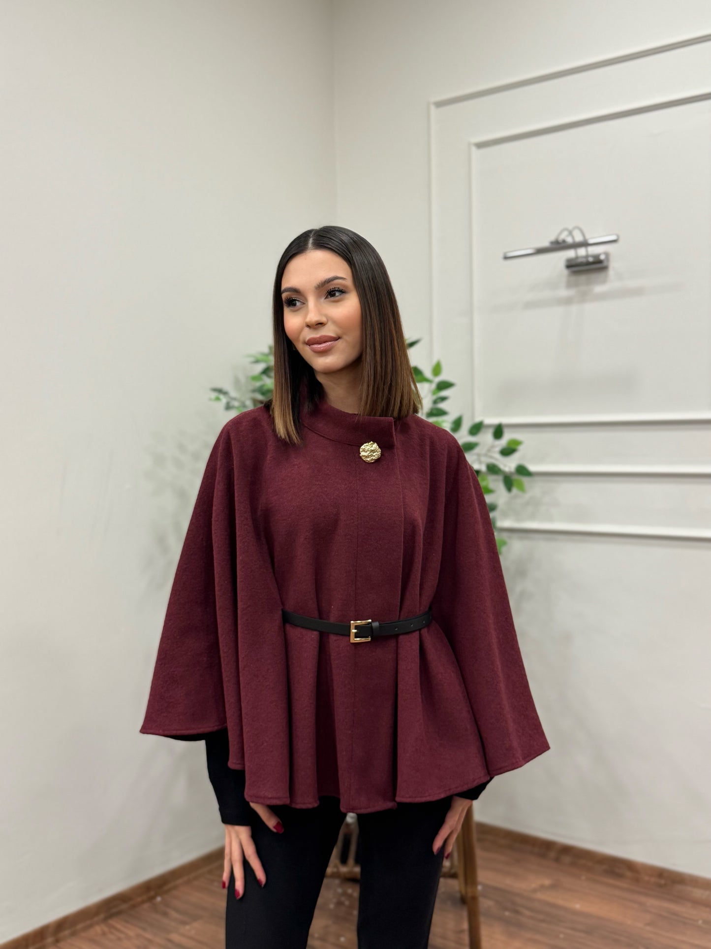 Liya Kemerli Kaşe Bordo Panço
