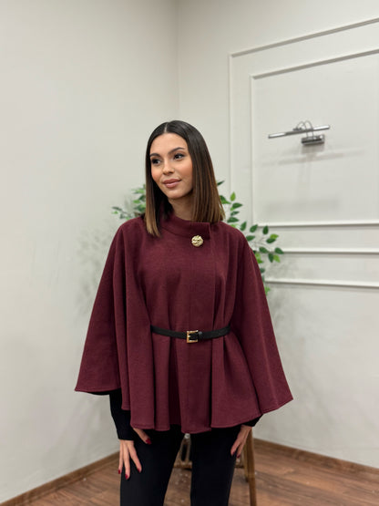 Liya Kemerli Kaşe Bordo Panço