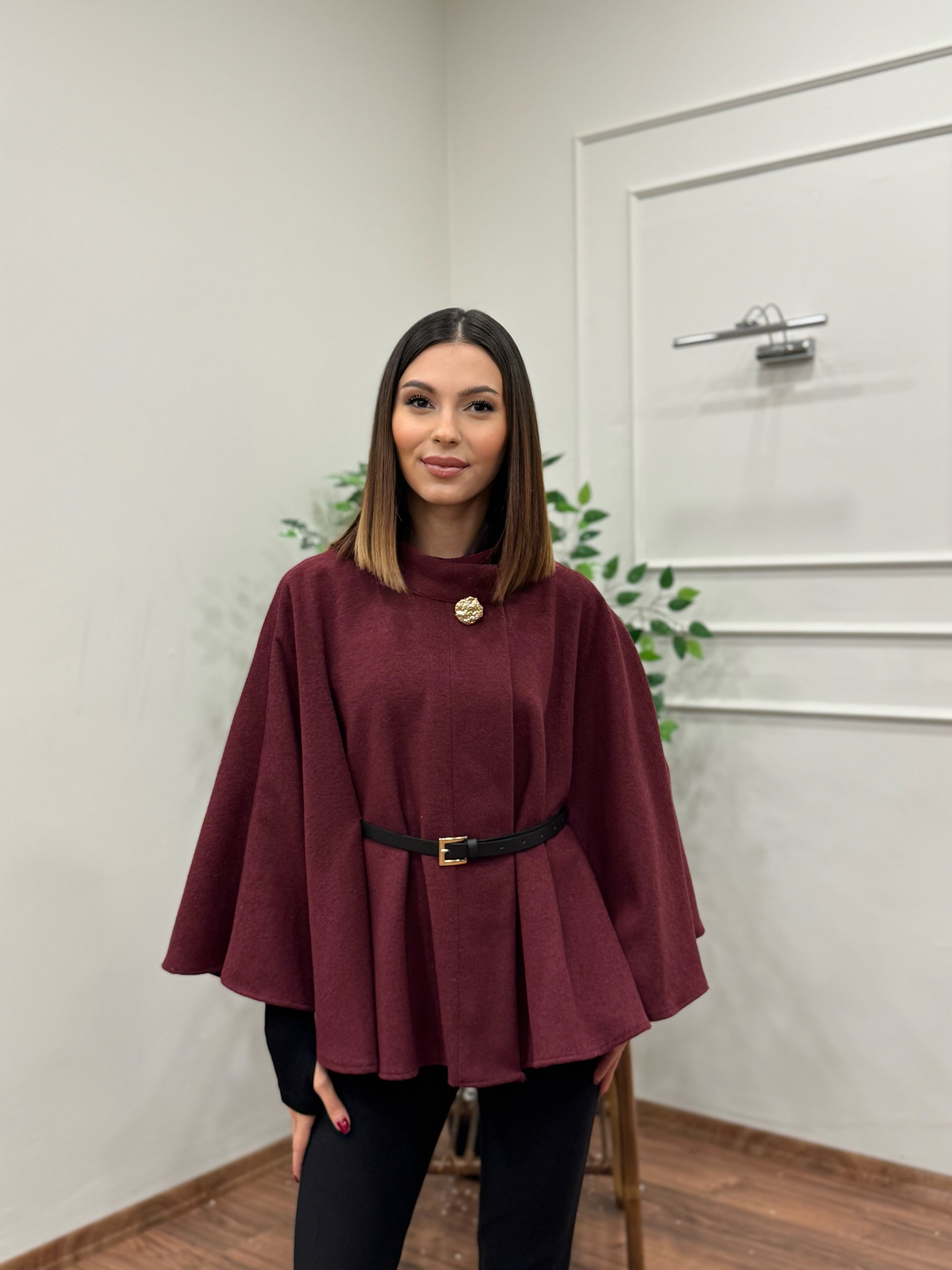 Liya Kemerli Kaşe Bordo Panço