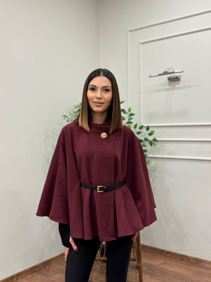 Liya Kemerli Kaşe Bordo Panço