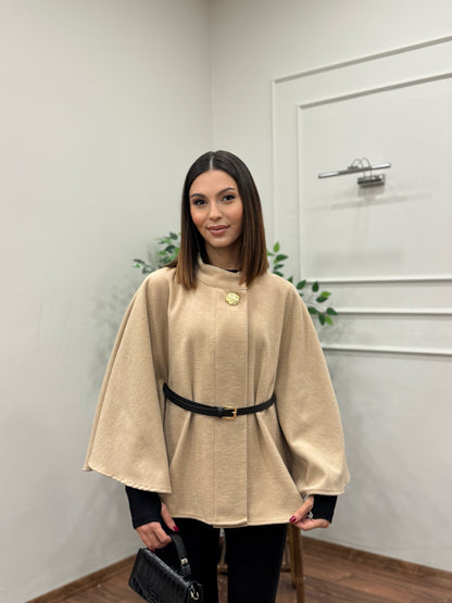 Liya Kemerli Kaşe Bej Panço