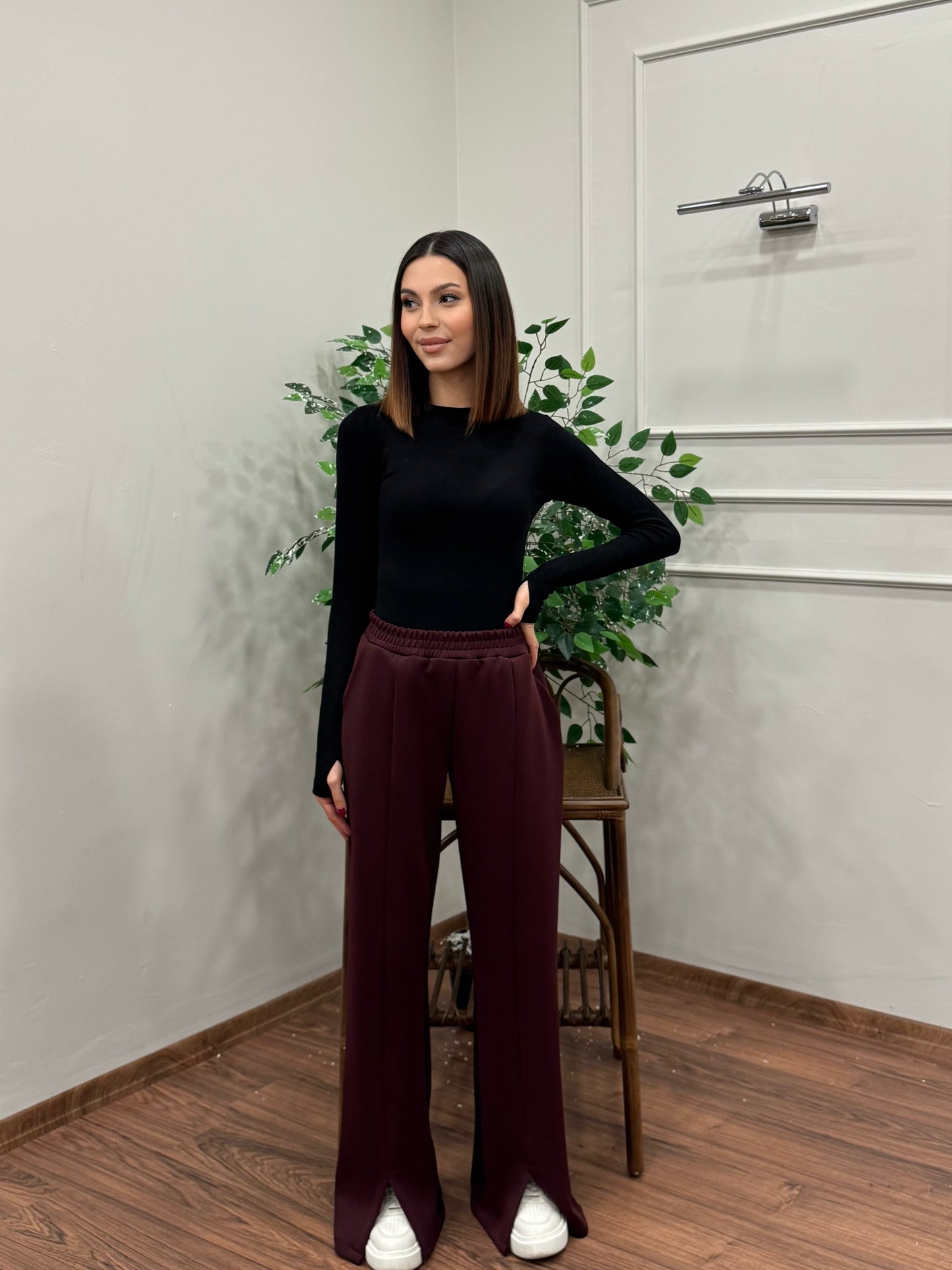 Megi Scuba Yırtmaç Detay Bordo Pantolon