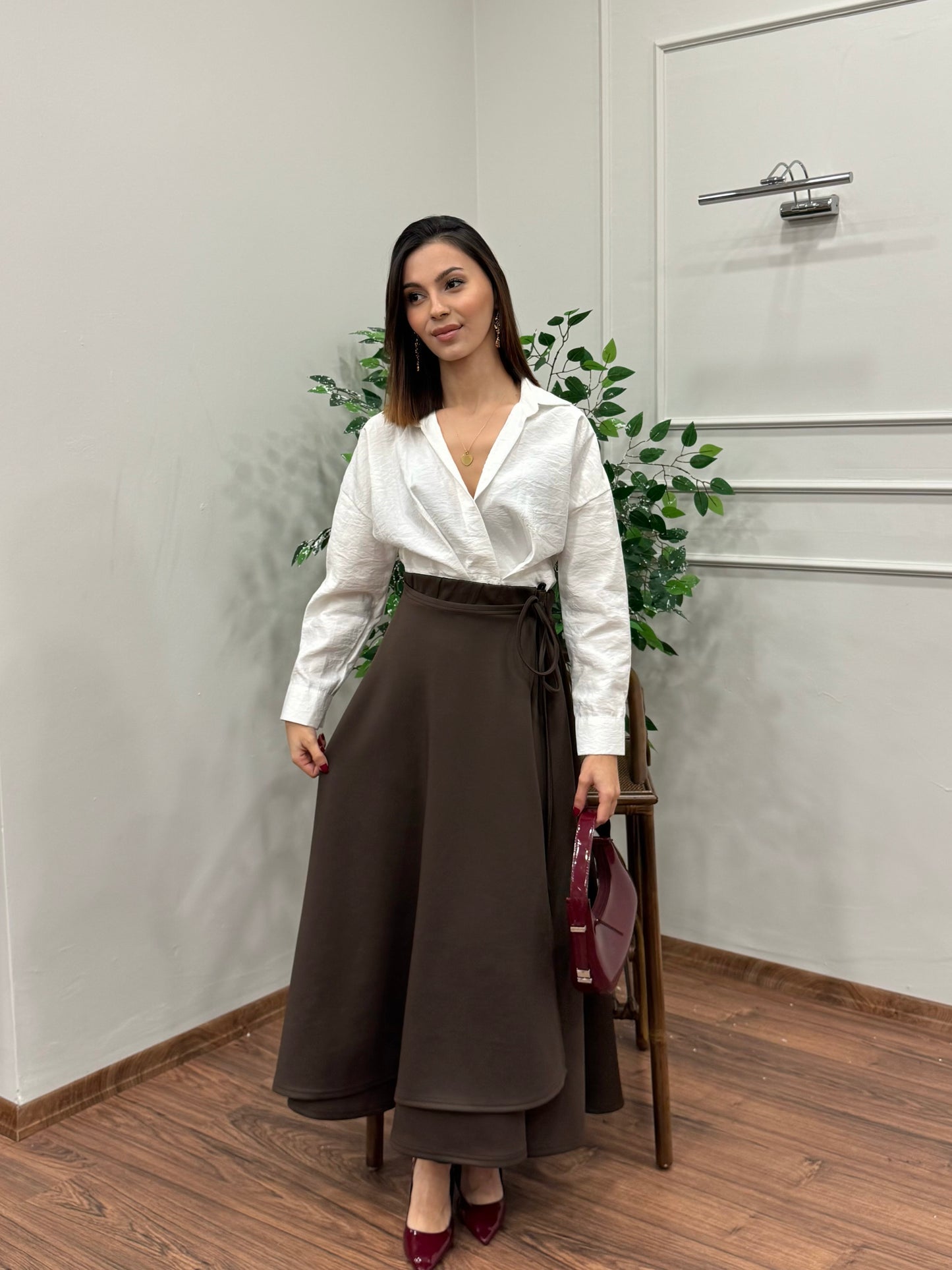 Margo Bağlama Detay Scuba Kahverengi Etek