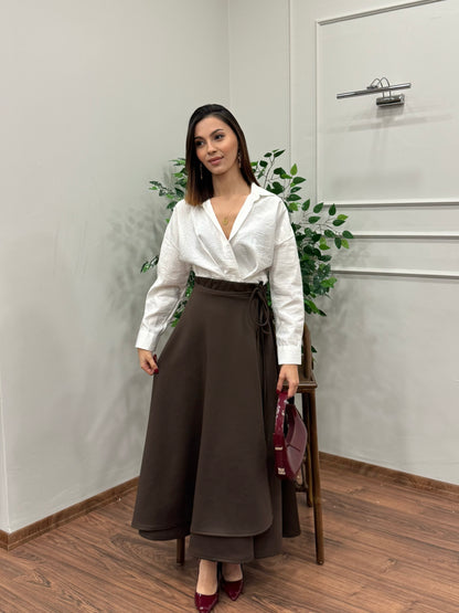 Margo Bağlama Detay Scuba Kahverengi Etek