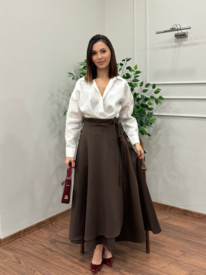 Margo Bağlama Detay Scuba Kahverengi Etek