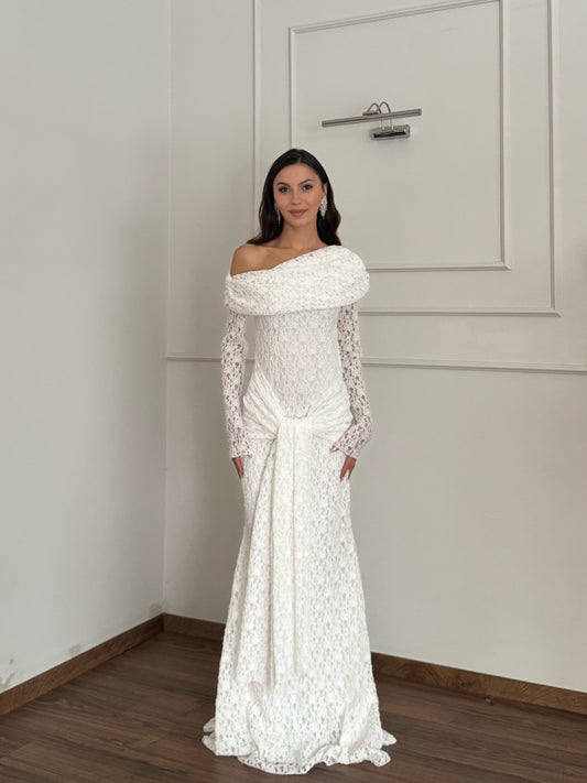 Dream Astarlı Dantel Tasarım Beyaz Elbise