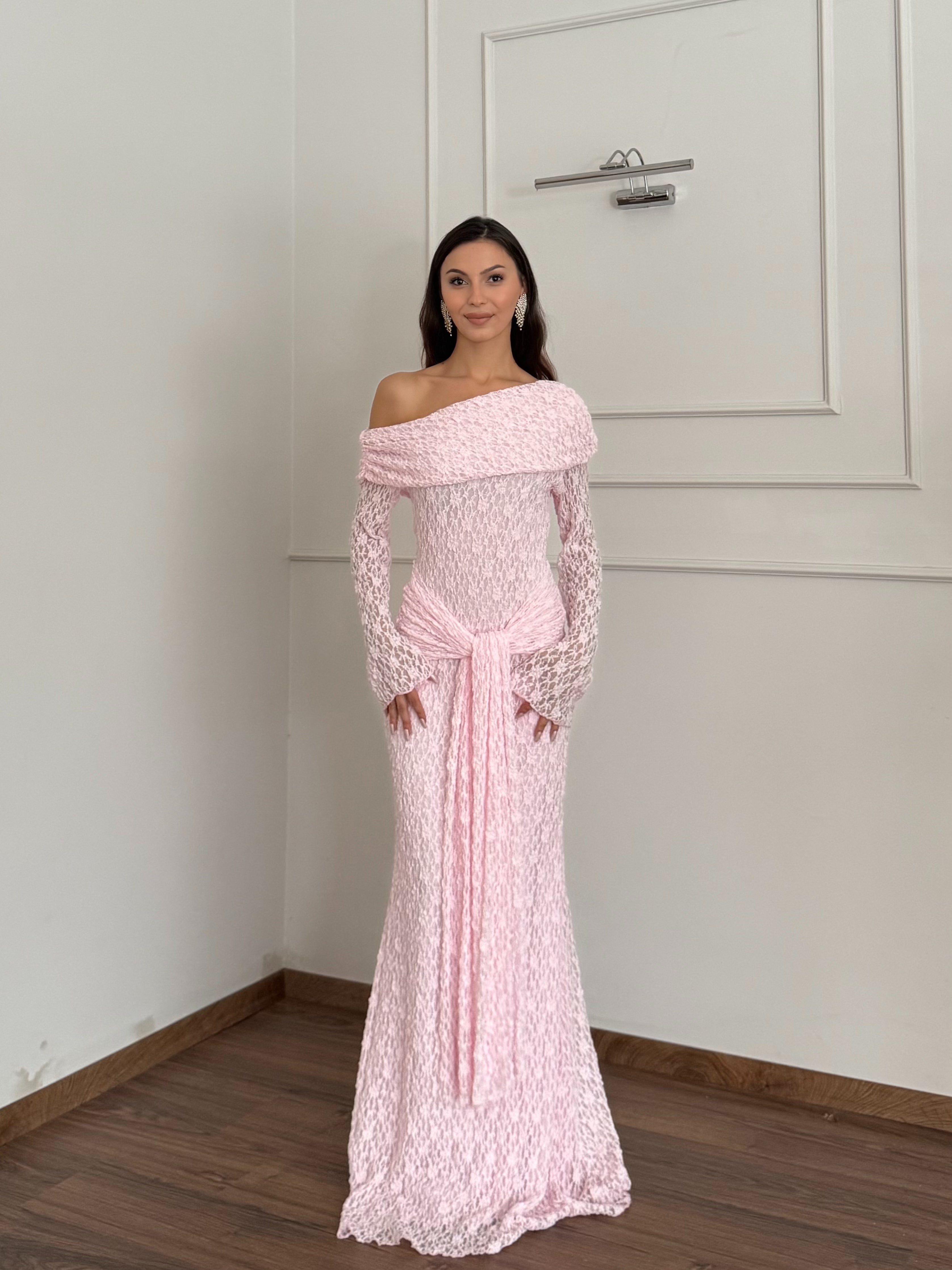 Dream Astarlı Dantel Tasarım Toz Pembe Elbise