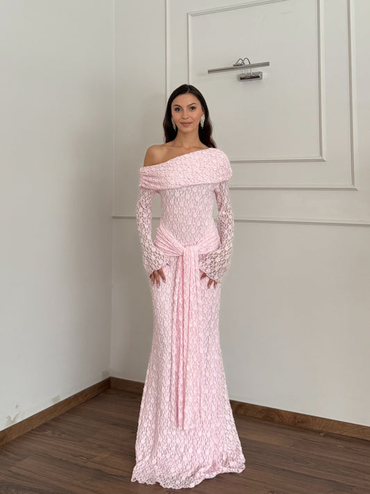 Dream Astarlı Dantel Tasarım Toz Pembe Elbise