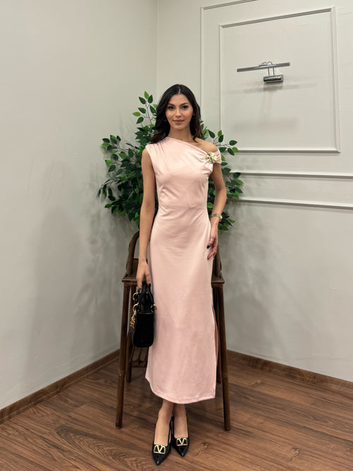 Elis Gold Aksesuar Detay Pembe Elbise