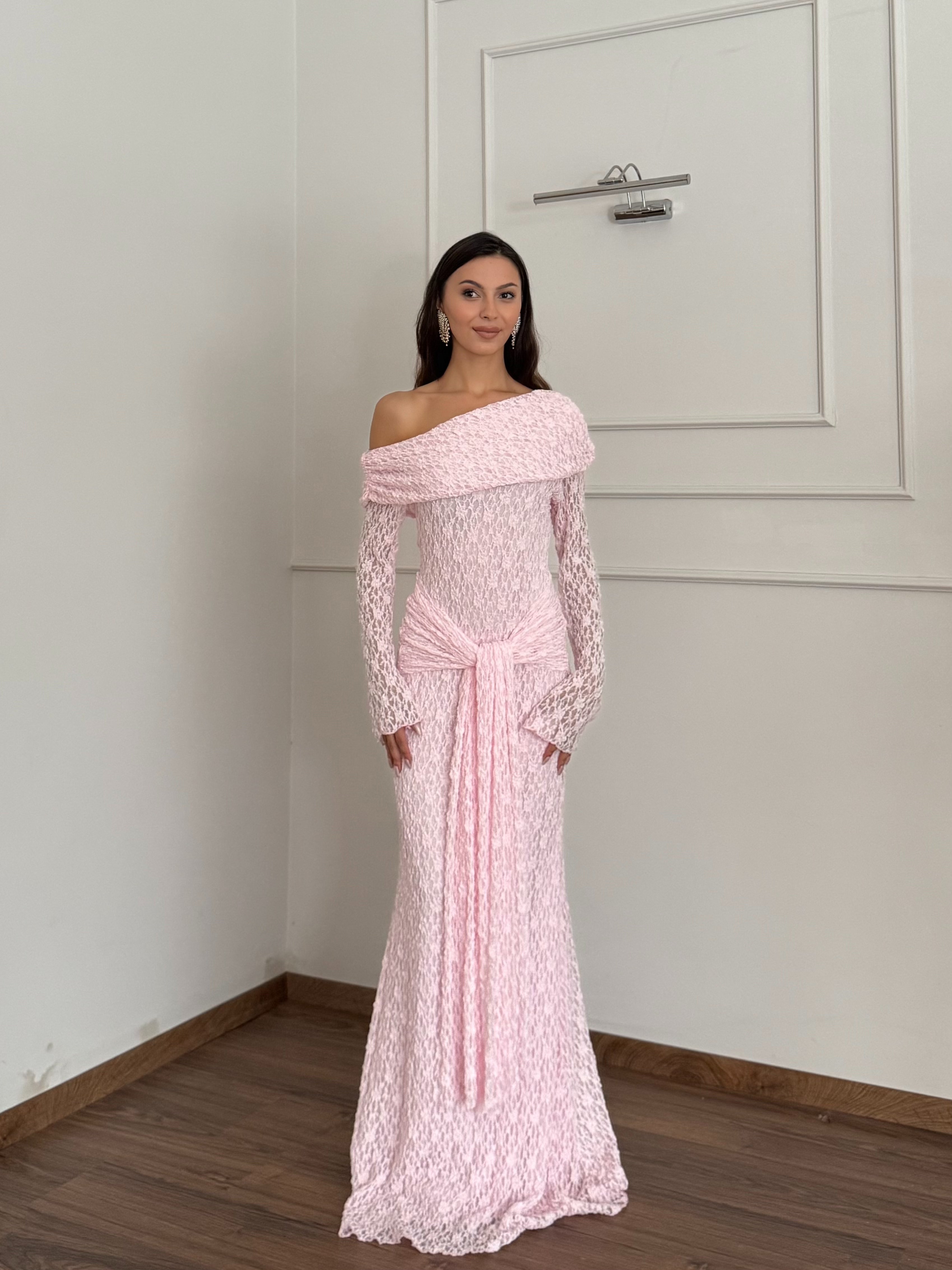 Dream Astarlı Dantel Tasarım Toz Pembe Elbise