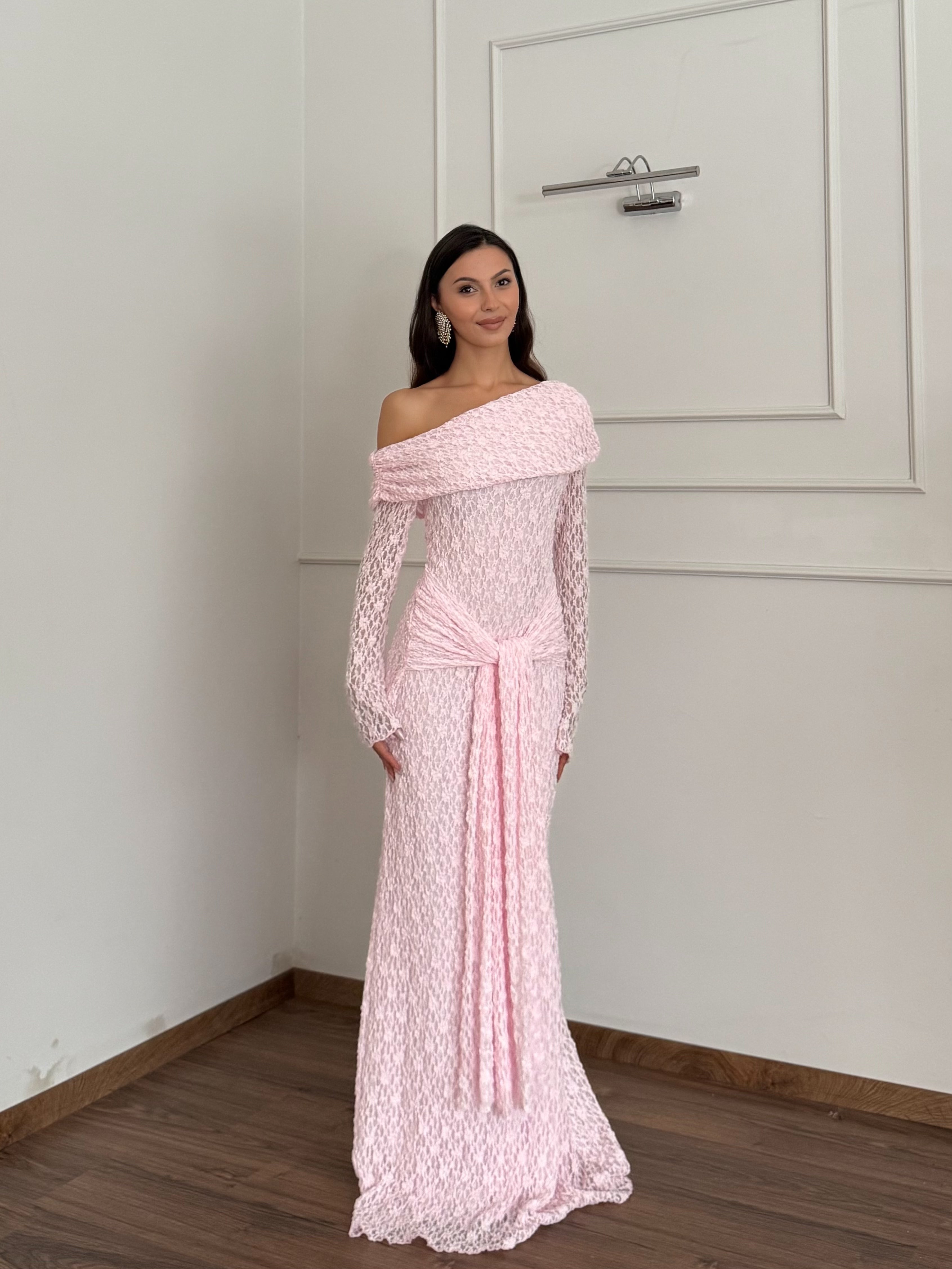 Dream Astarlı Dantel Tasarım Toz Pembe Elbise