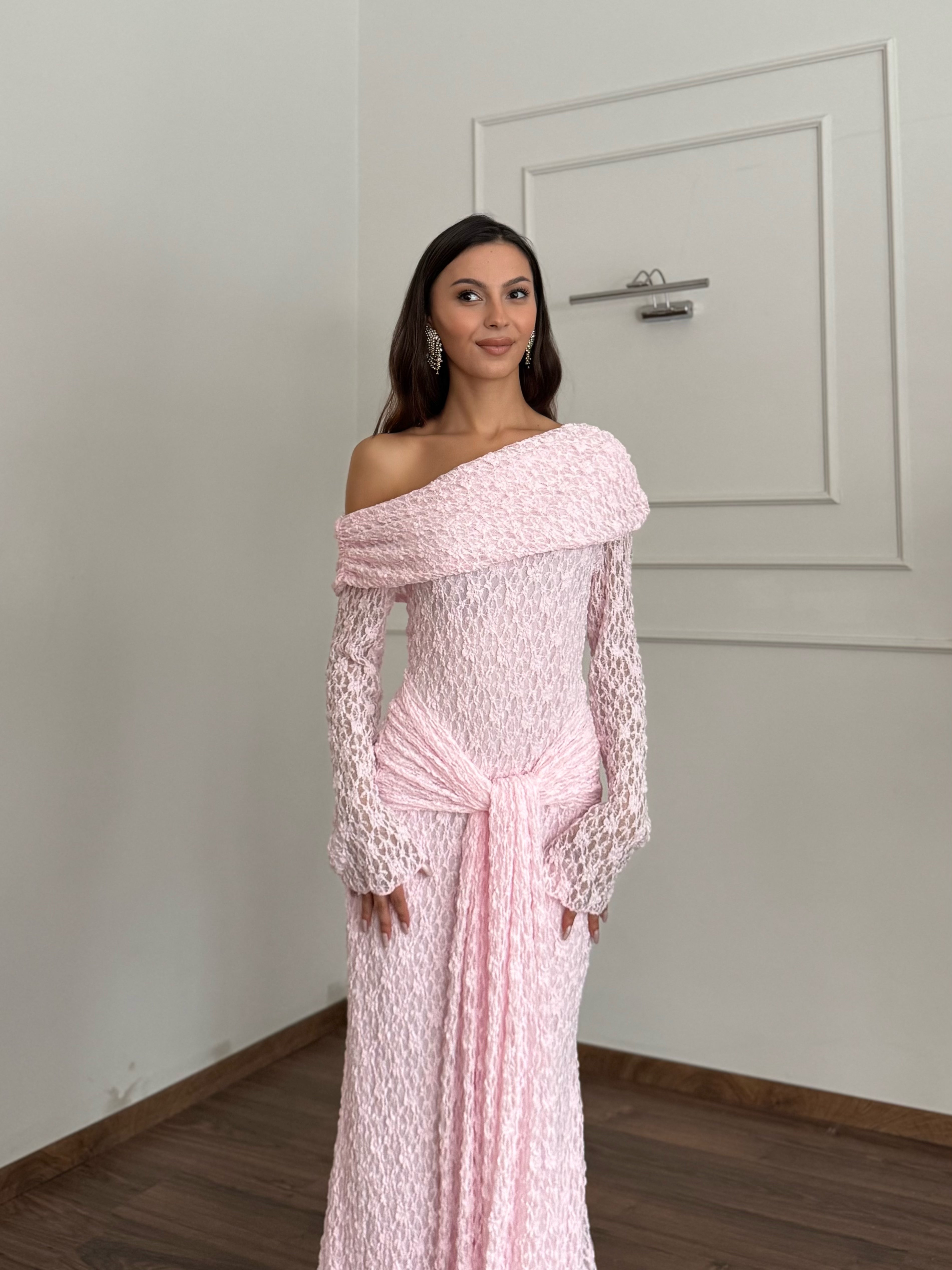 Dream Astarlı Dantel Tasarım Toz Pembe Elbise