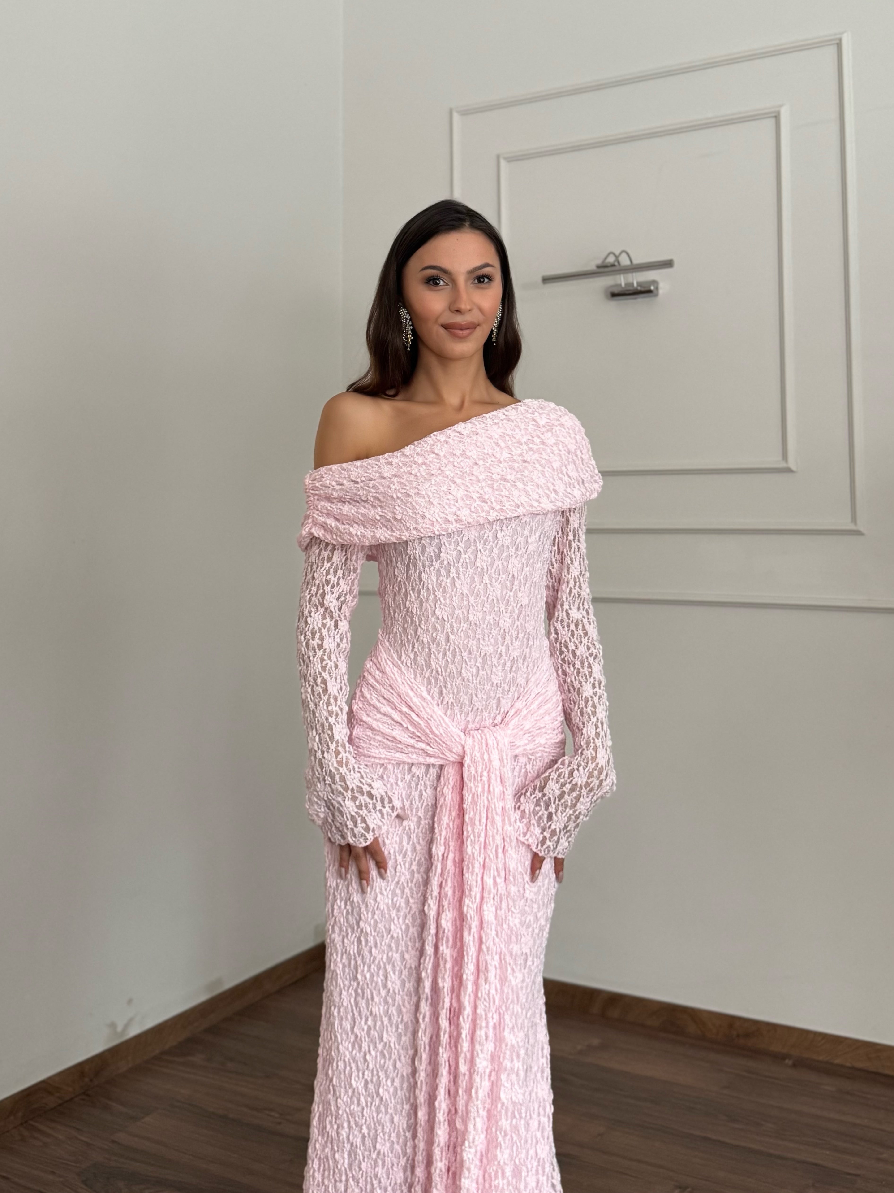 Dream Astarlı Dantel Tasarım Toz Pembe Elbise