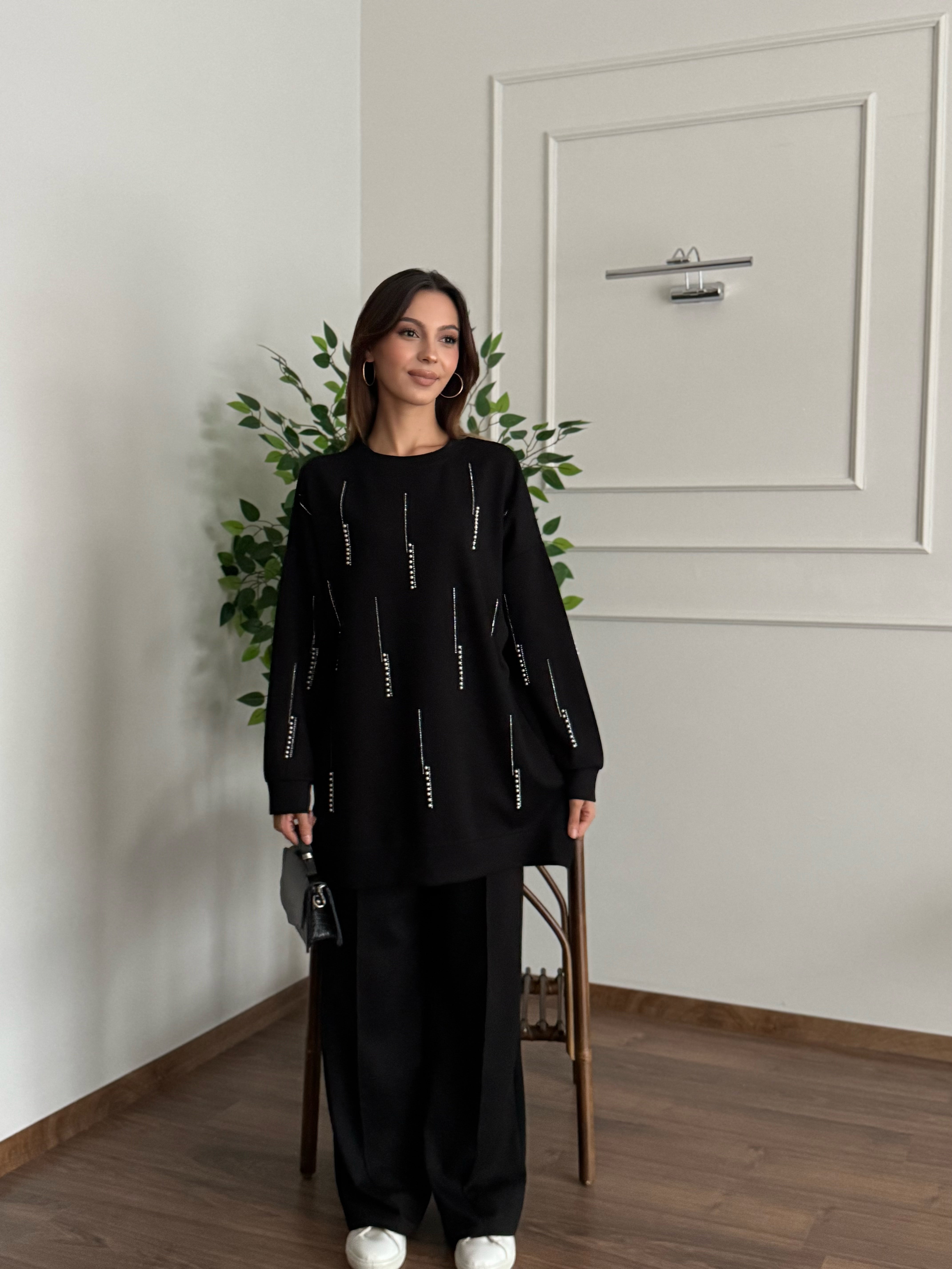 İnci Taş Detay Tunik Pantolon Siyah Takım
