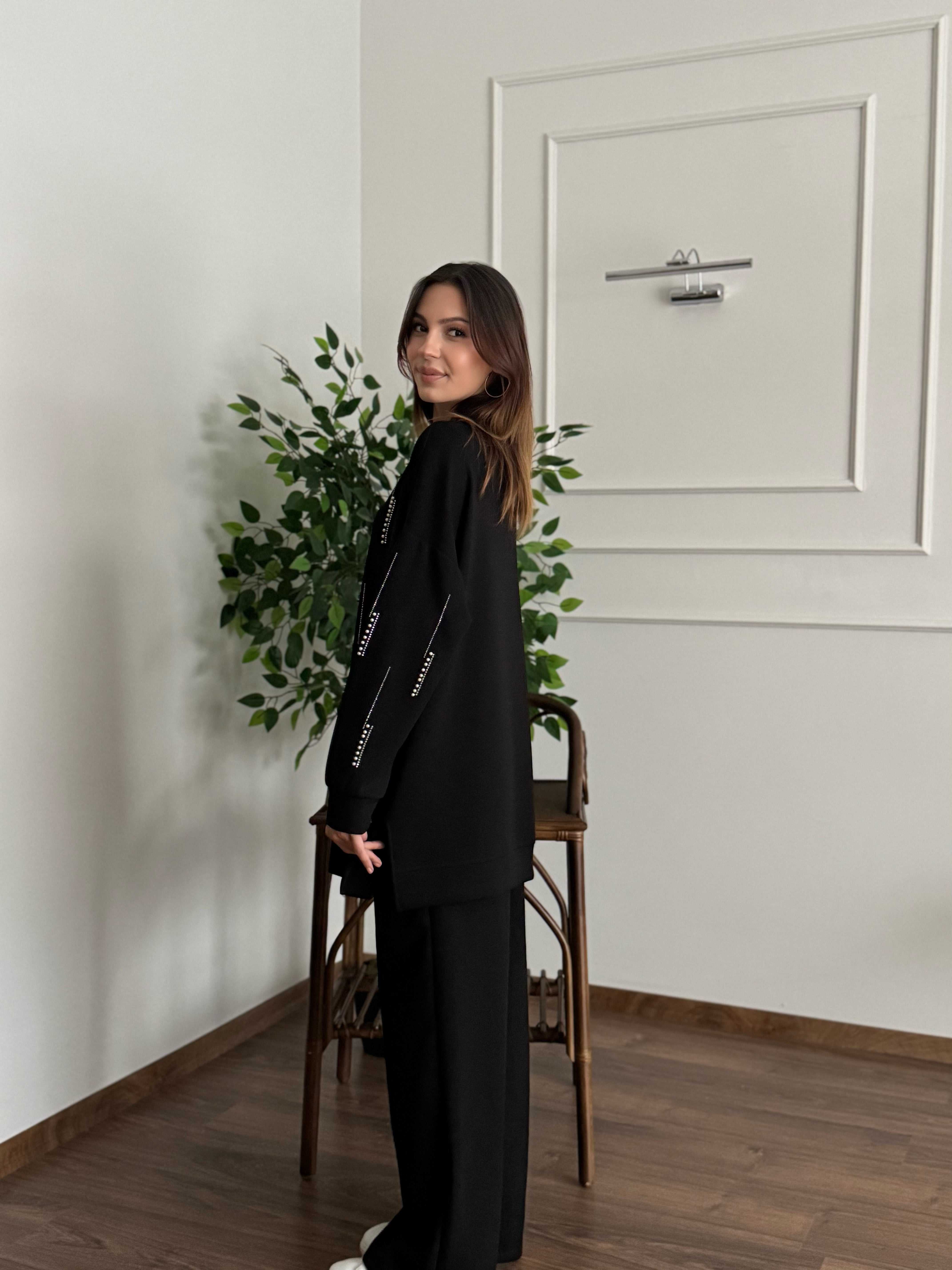 İnci Taş Detay Tunik Pantolon Siyah Takım