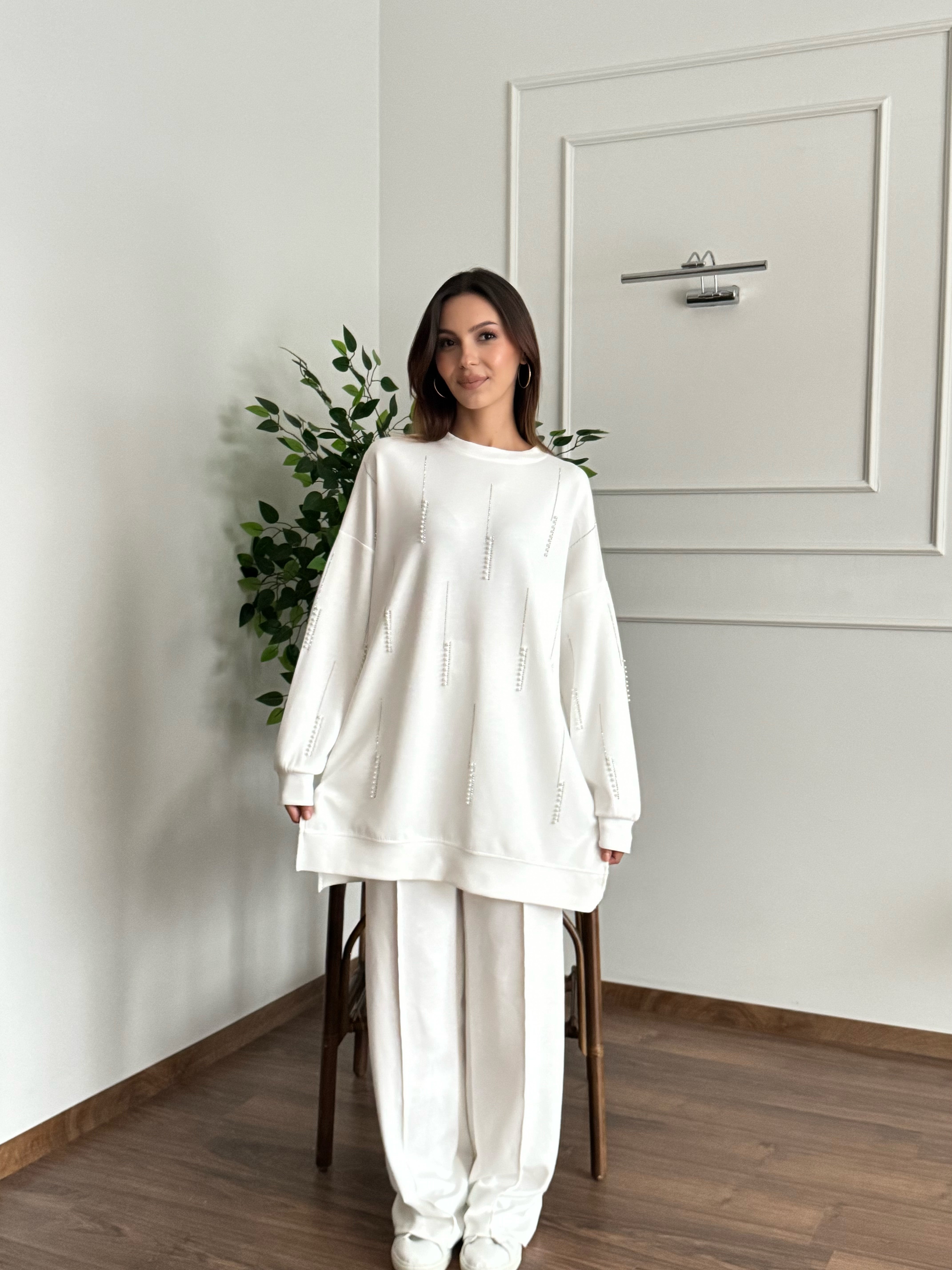 İnci Taş Detay Tunik Pantolon Beyaz Takım