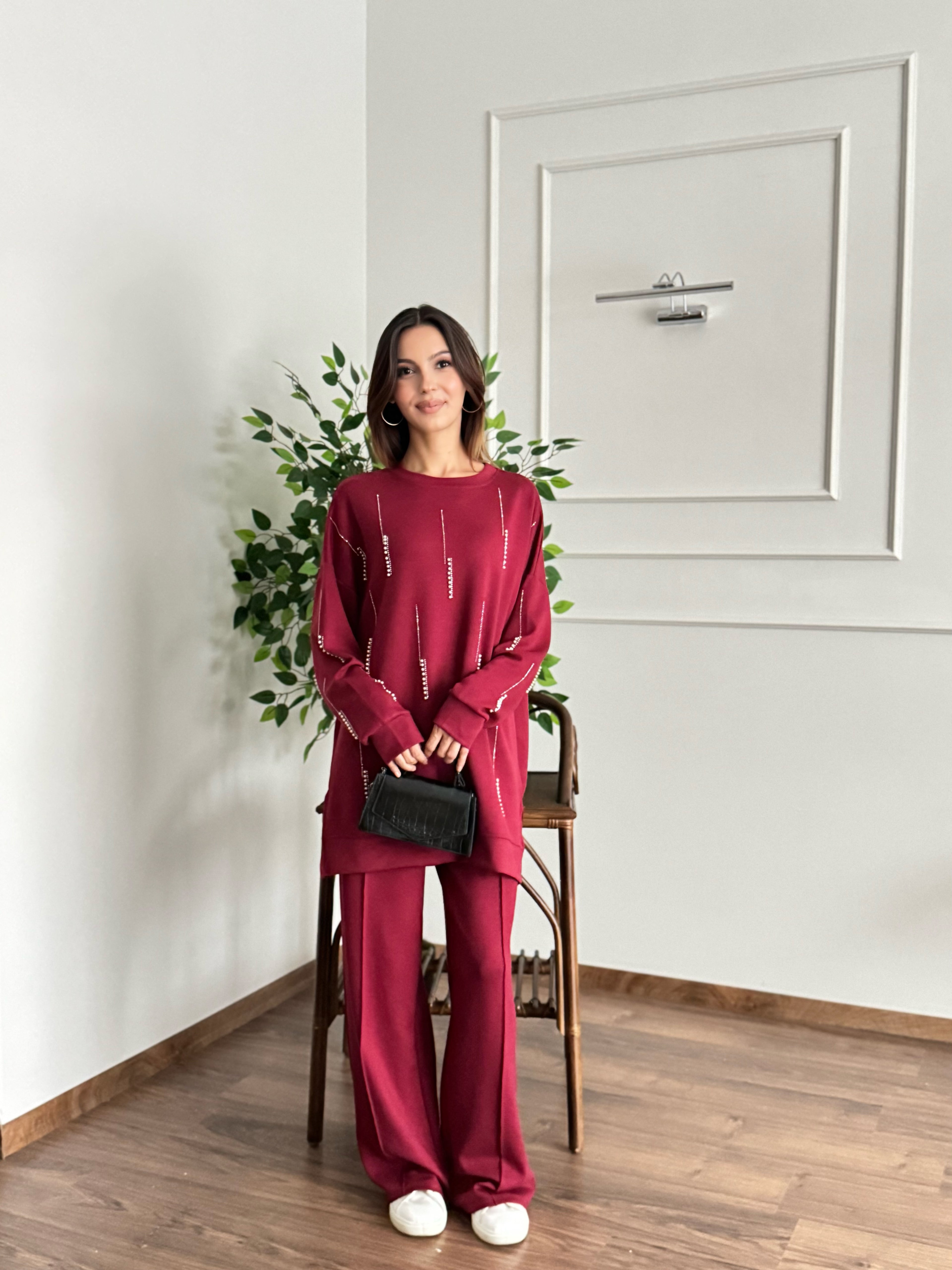 İnci Taş Detay Tunik Pantolon Bordo Takım