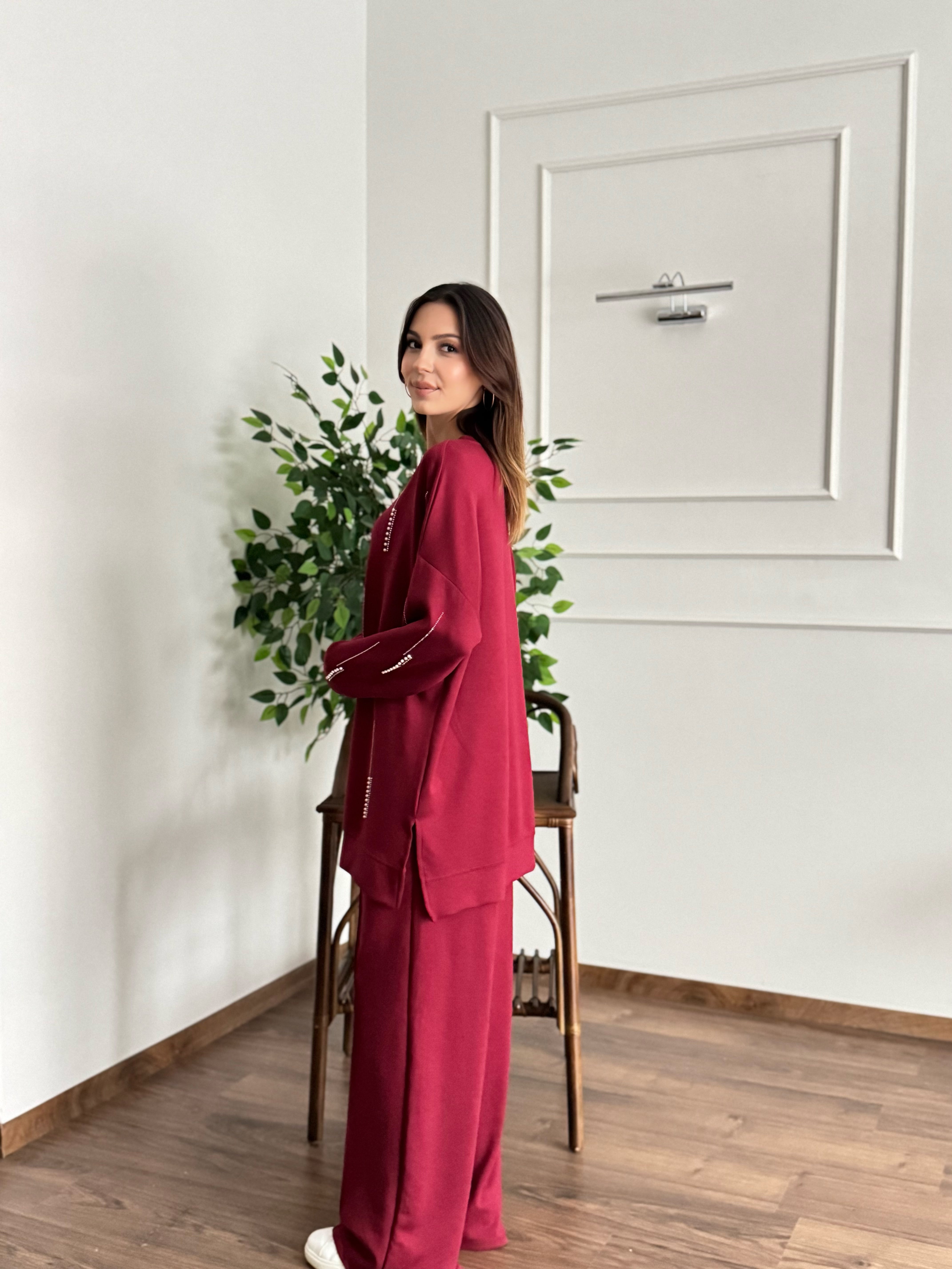 İnci Taş Detay Tunik Pantolon Bordo Takım