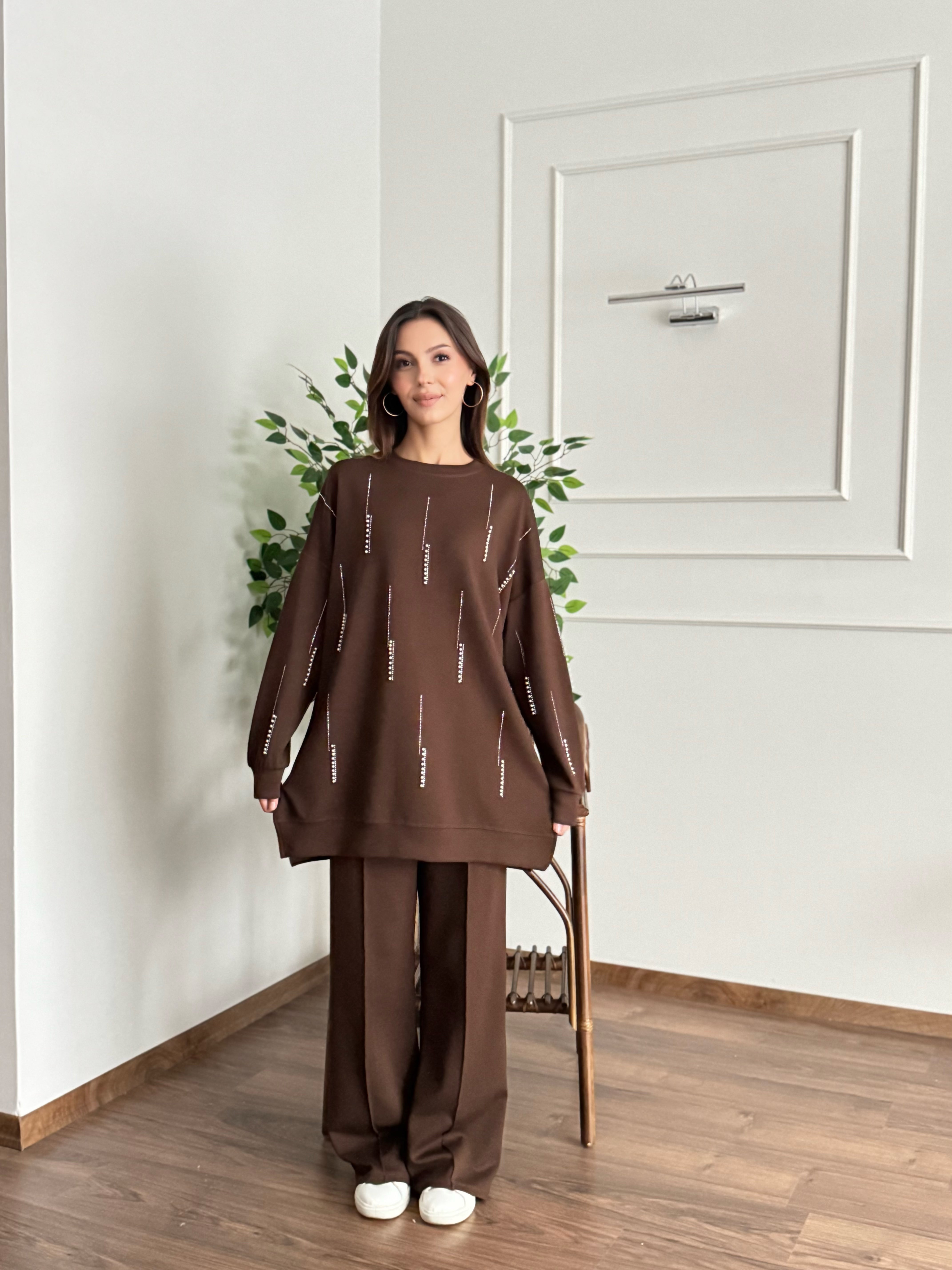 İnci Taş Detay Tunik Pantolon Kahverengi Takım