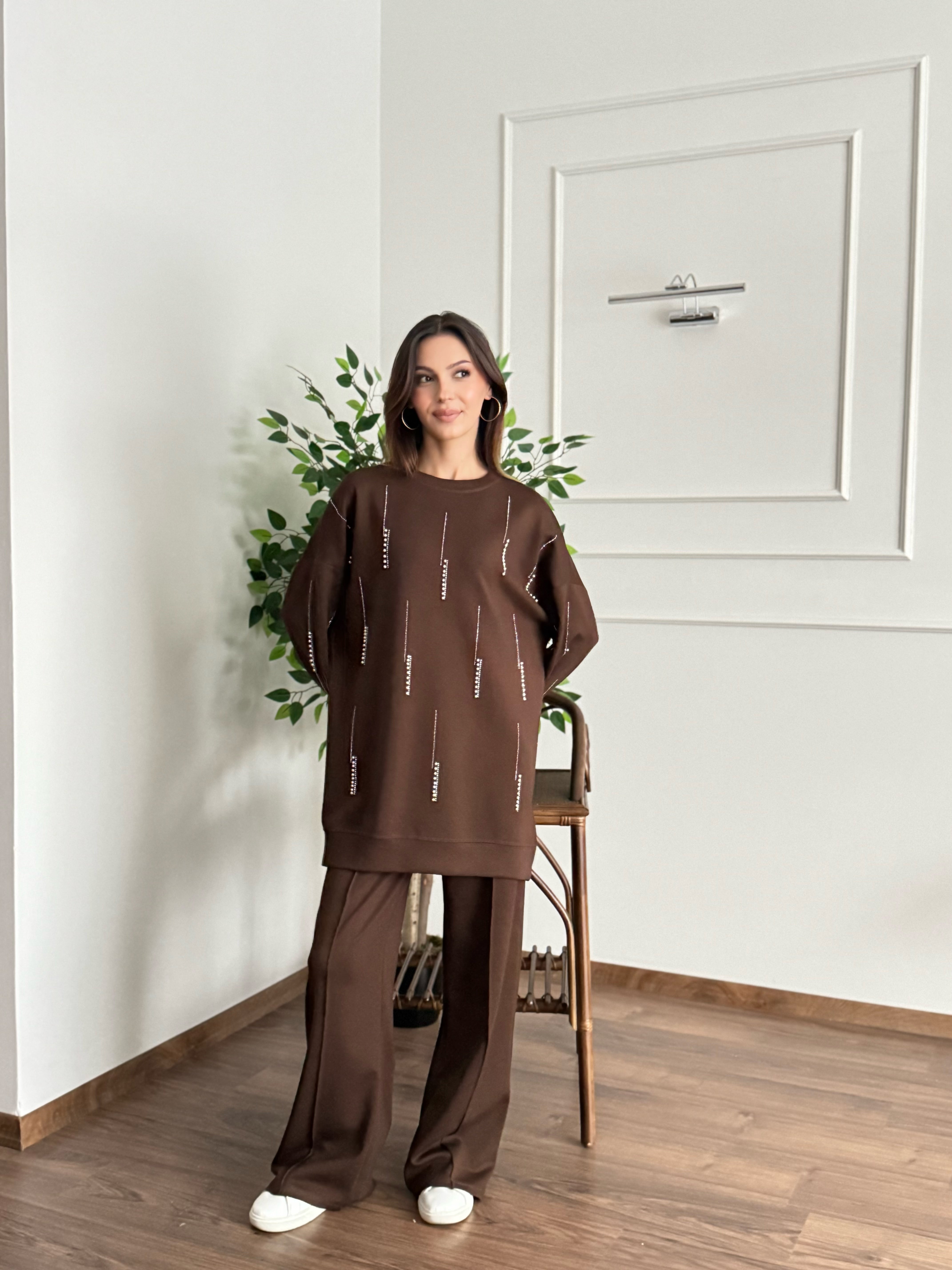 İnci Taş Detay Tunik Pantolon Kahverengi Takım