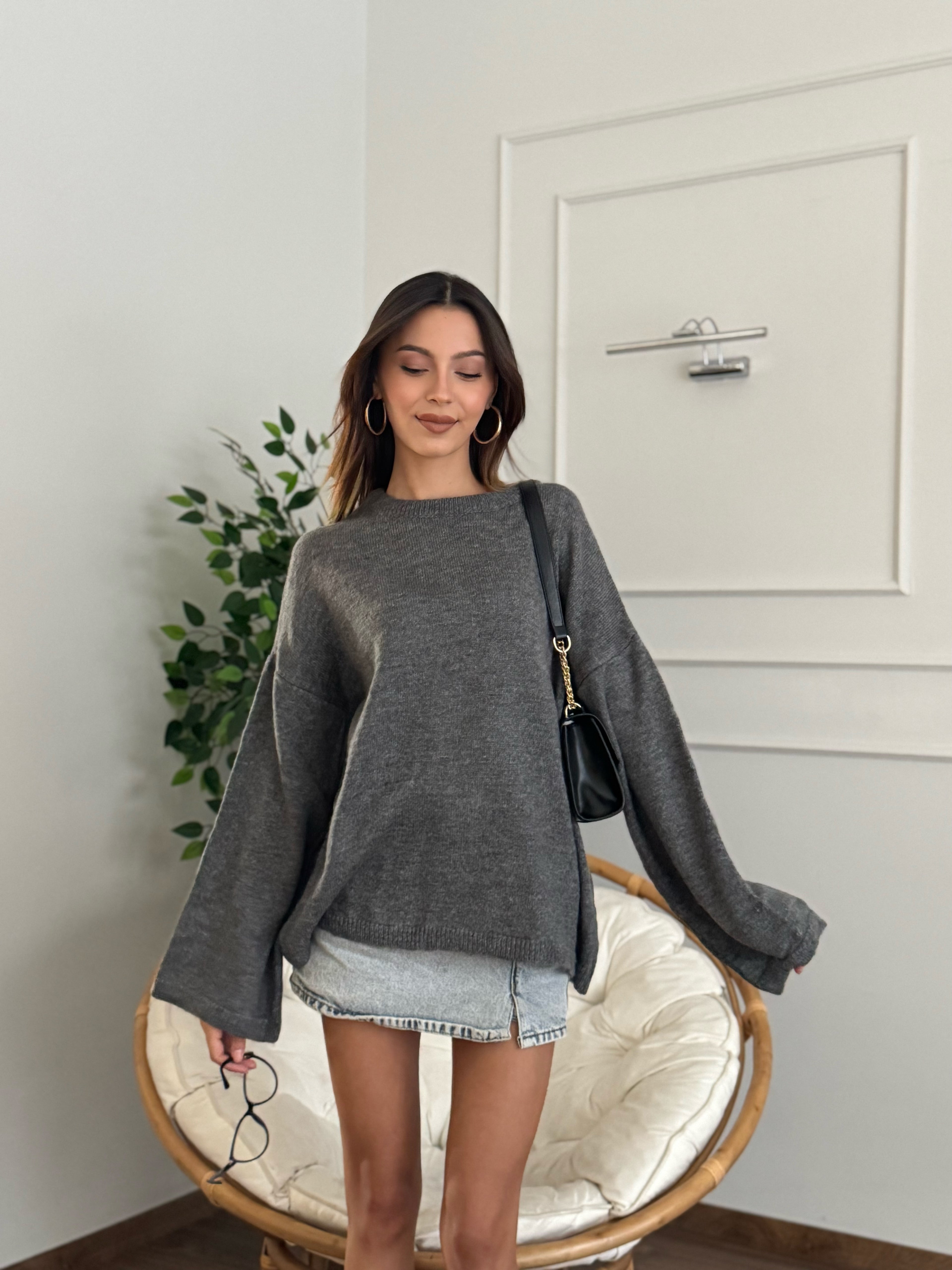 Oversize Bisiklet Yaka Pinterest Gri Kazak
