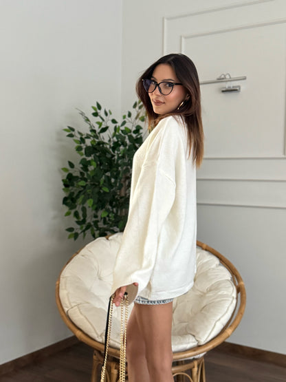 Oversize Bisiklet Yaka Pinterest Ekru Kazak