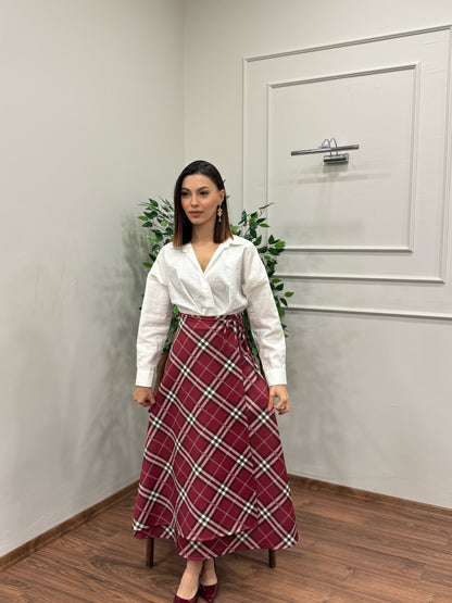 Sofia Ekose Desen Scuba Kırmızı Etek