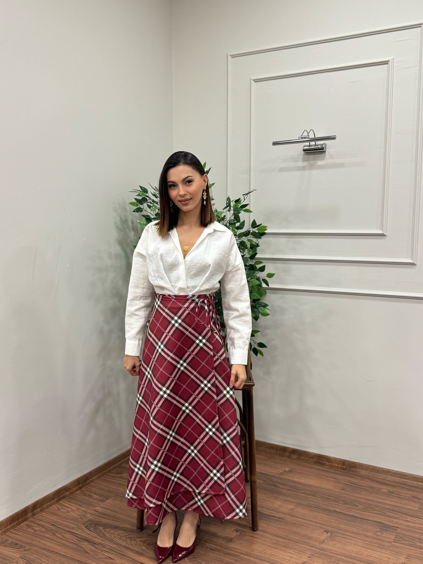 Sofia Ekose Desen Scuba Kırmızı Etek