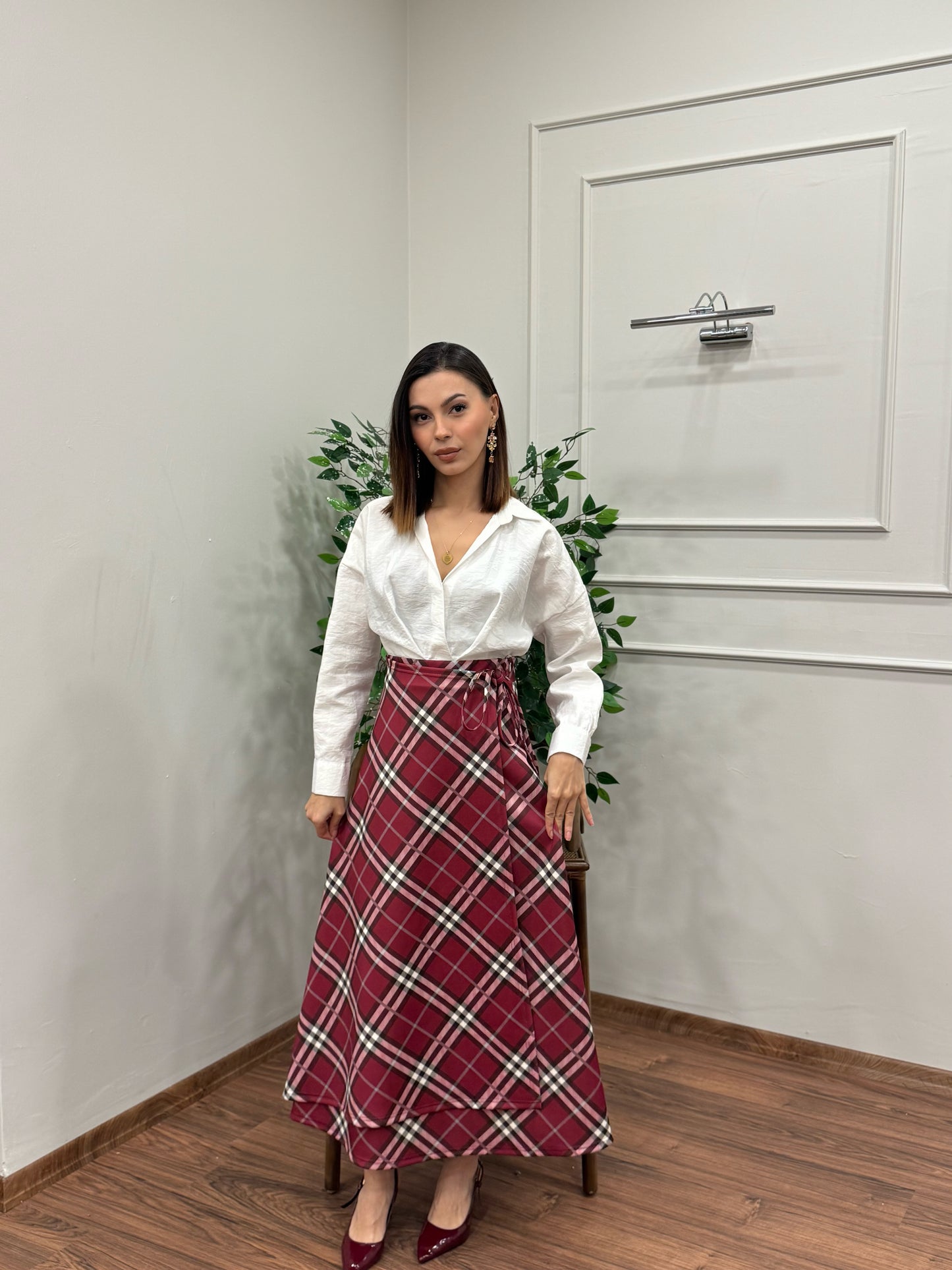 Sofia Ekose Desen Scuba Kırmızı Etek