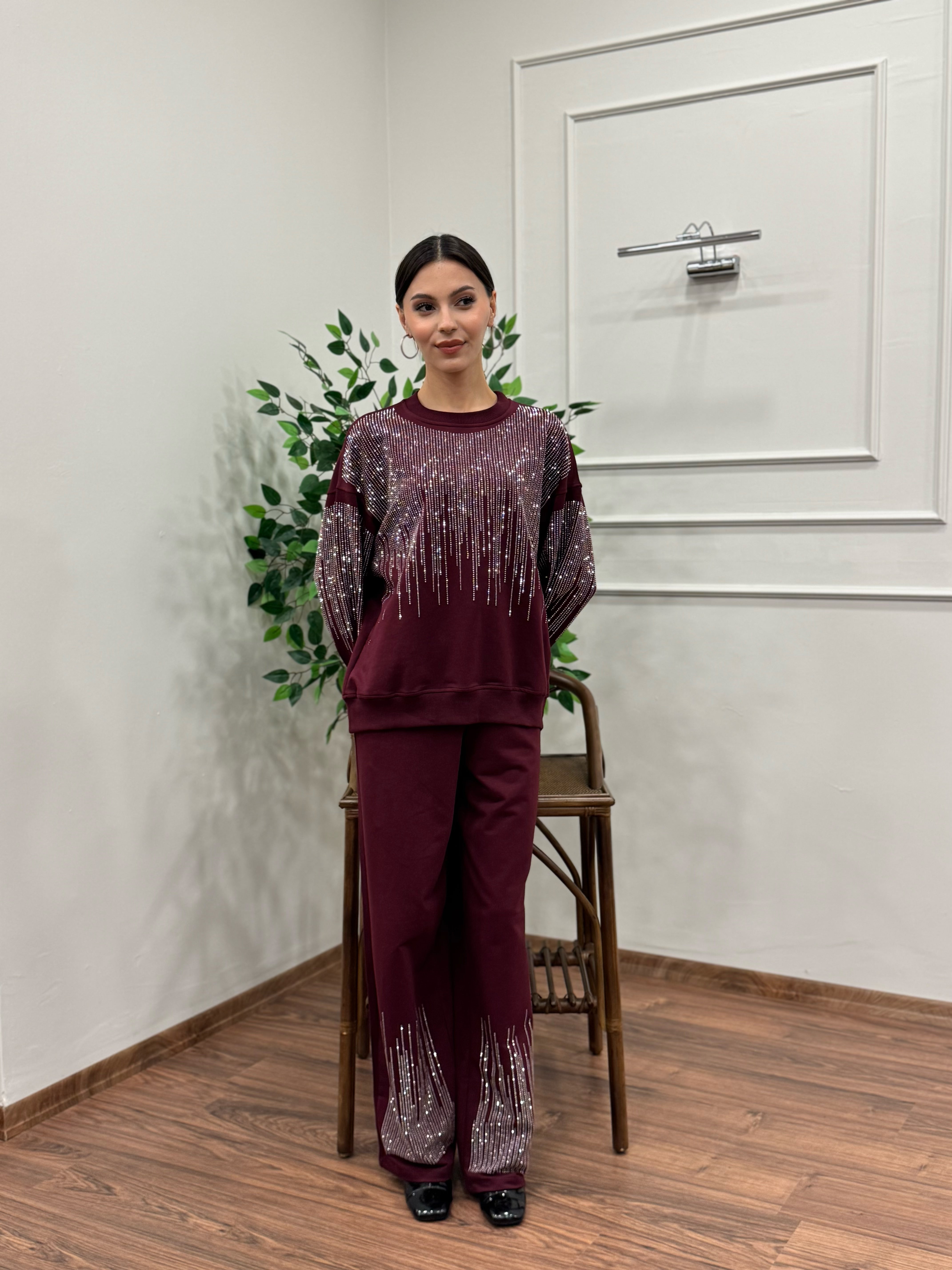 Saçak Taşlı Bluz Pantolon Bordo Takım