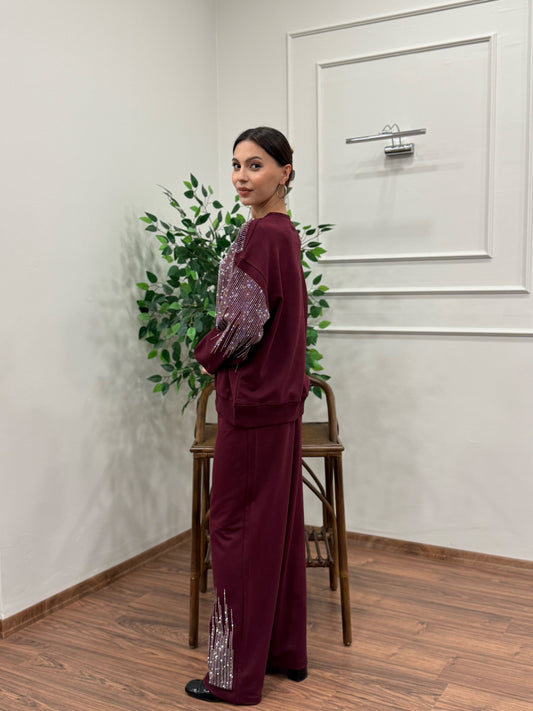 Saçak Taş Baskı Bluz Pantolon Bordo Takım