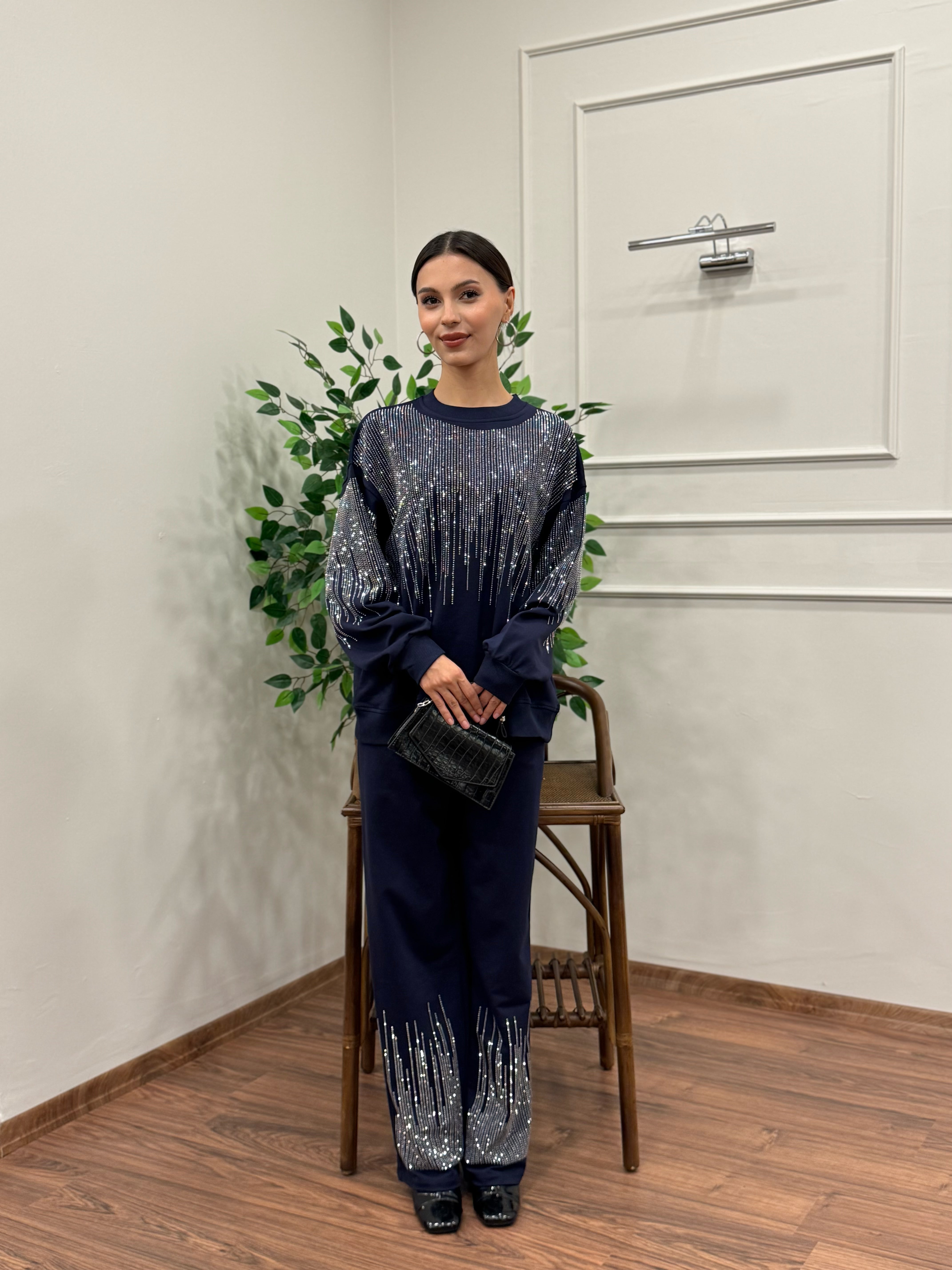 Saçak Taşlı Bluz Pantolon Lacivert Takım