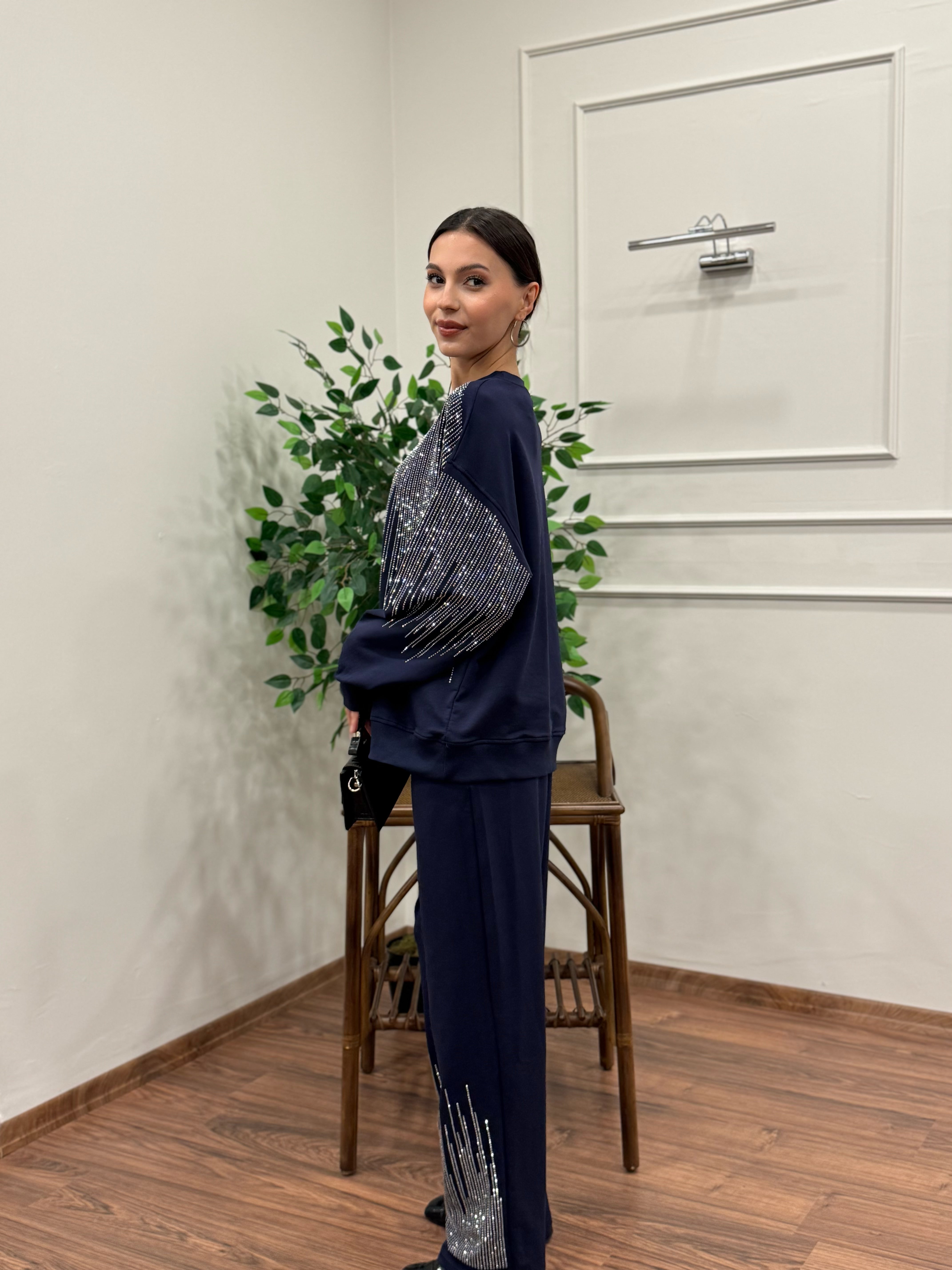 Saçak Taşlı Bluz Pantolon Lacivert Takım