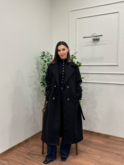 Merlin Astarlı Siyah Kaşe Kaban