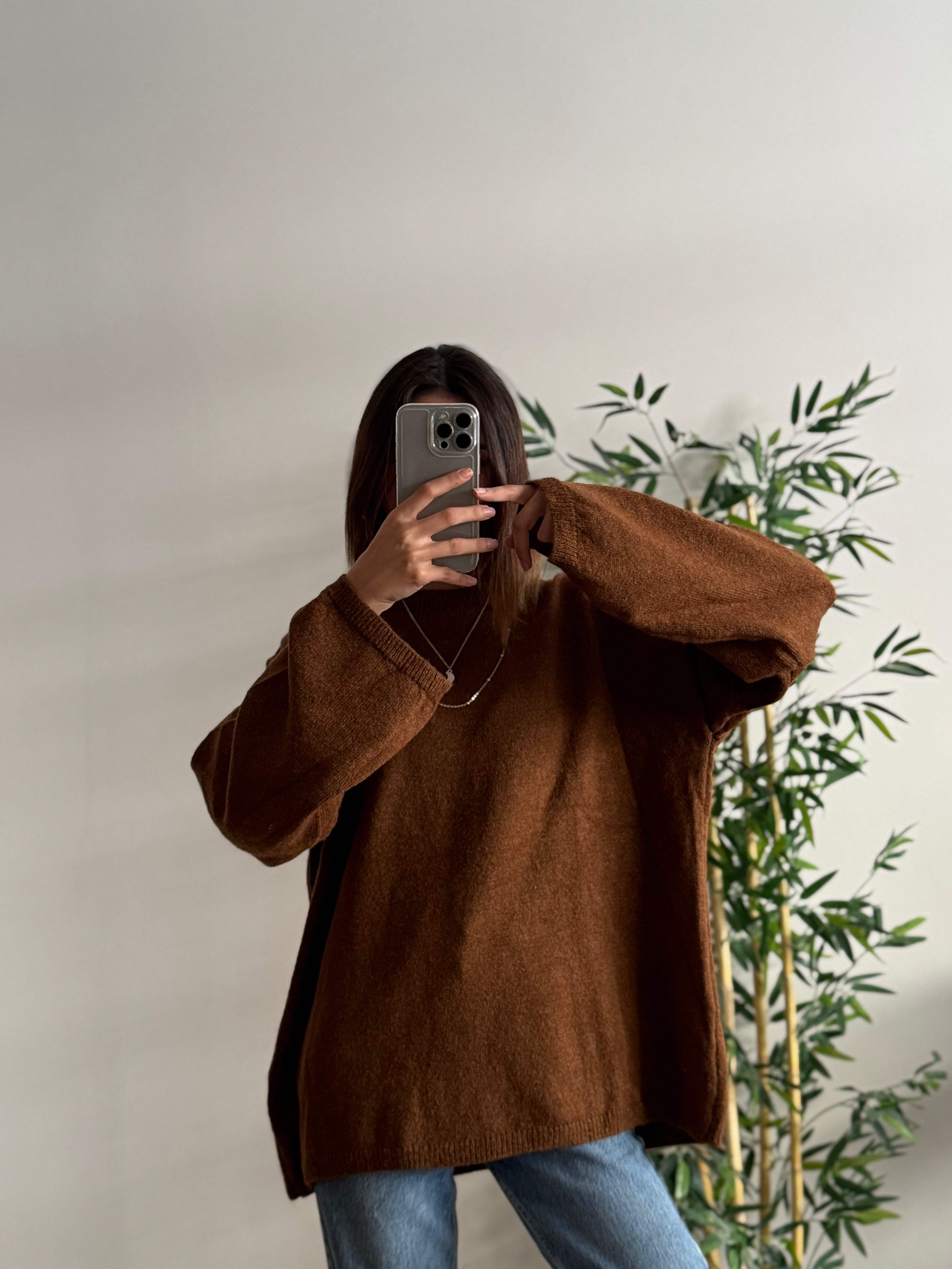 Oversize Bisiklet Yaka Pinterest Kahverengi Kazak