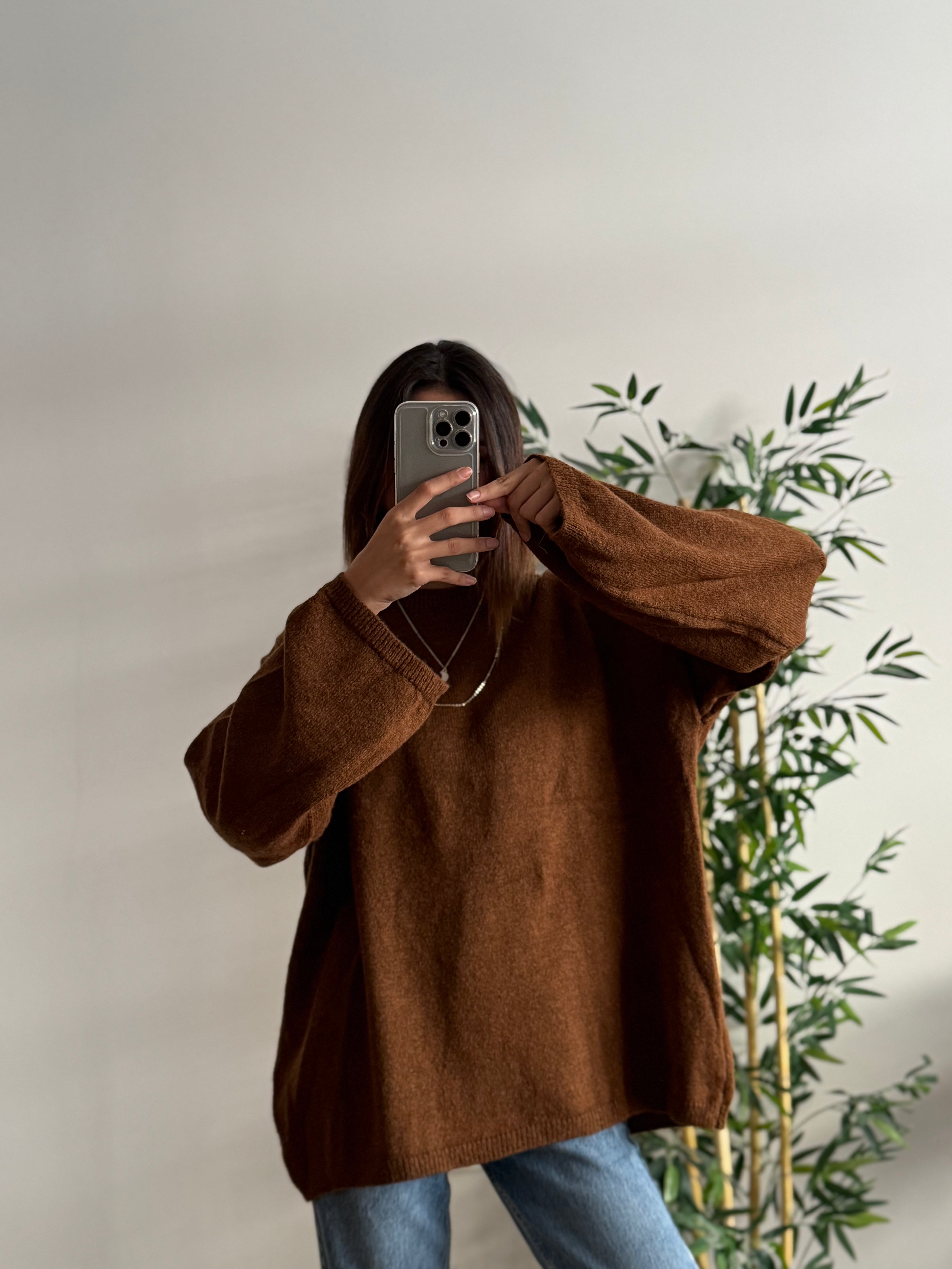 Oversize Bisiklet Yaka Pinterest Kahverengi Kazak