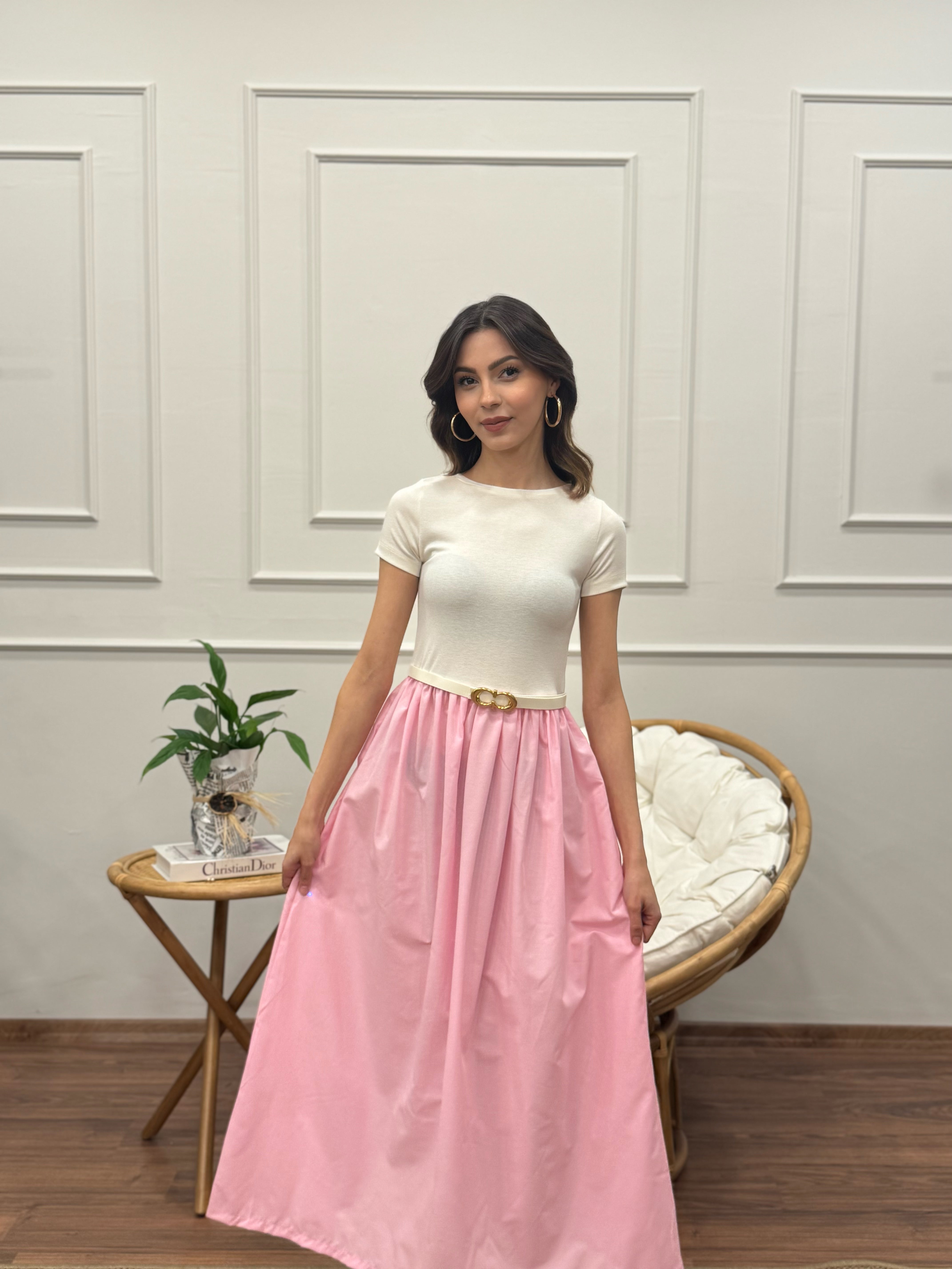 Diana Kloş Kemerli Toz Pembe Elbise