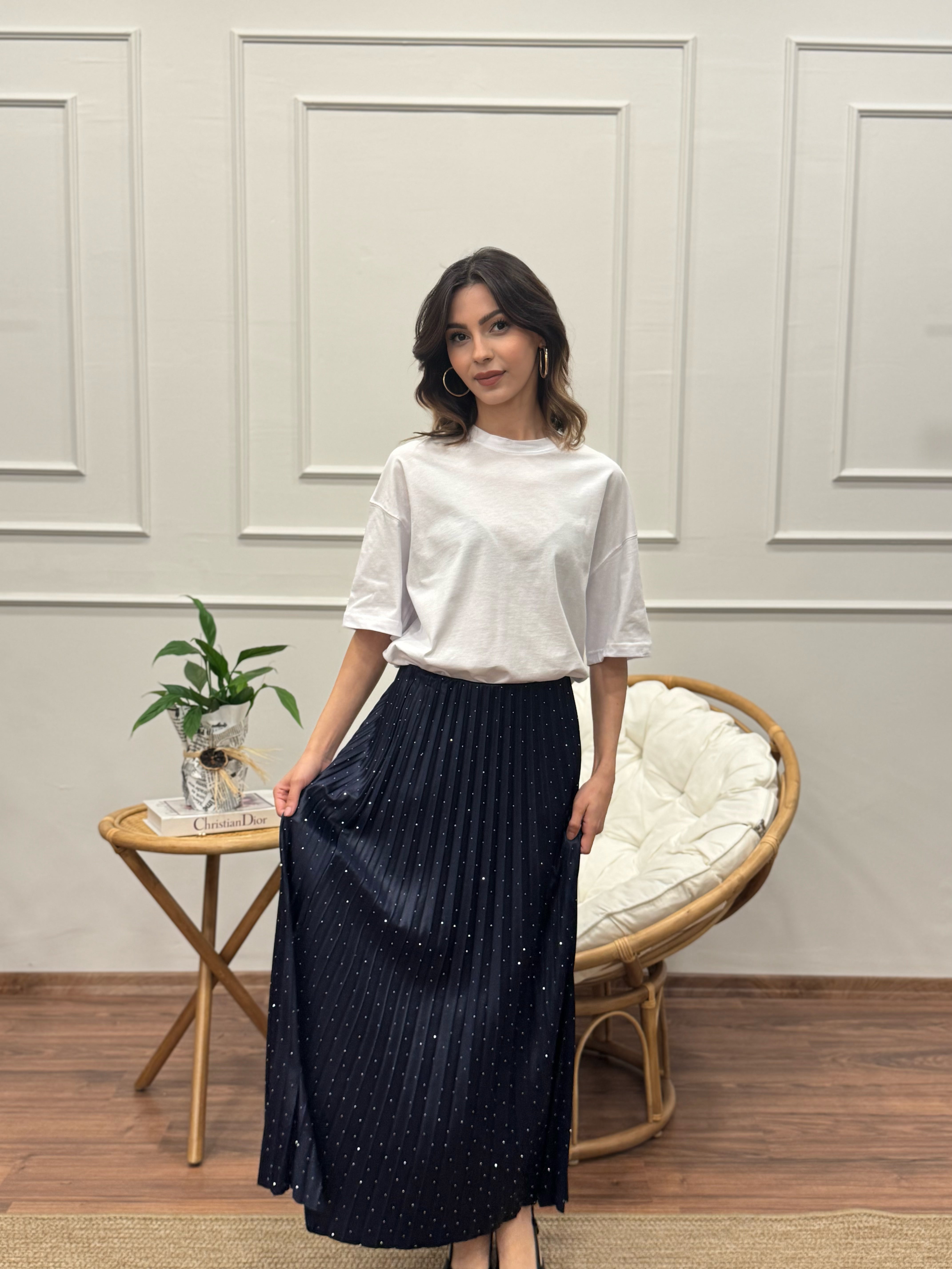 Pileli Taş Baskı Uzun Lacivert Etek